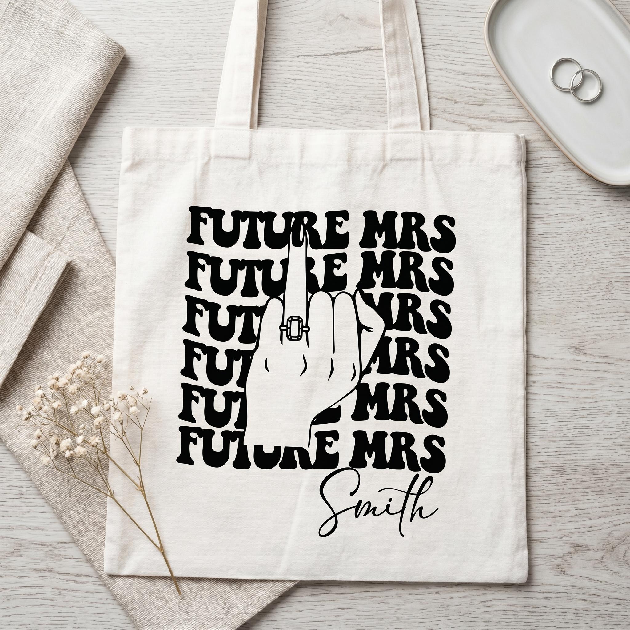 Personalized Future Mrs Engagement Party Favor Canvas Tote Bag For Bride To Be Groovy 70s Retro Aesthetic Natural Cotton Custom Bachelorette Bridal Party Gifts Girls Trip Bach Club Welcome Bag Ring Finger Design 2