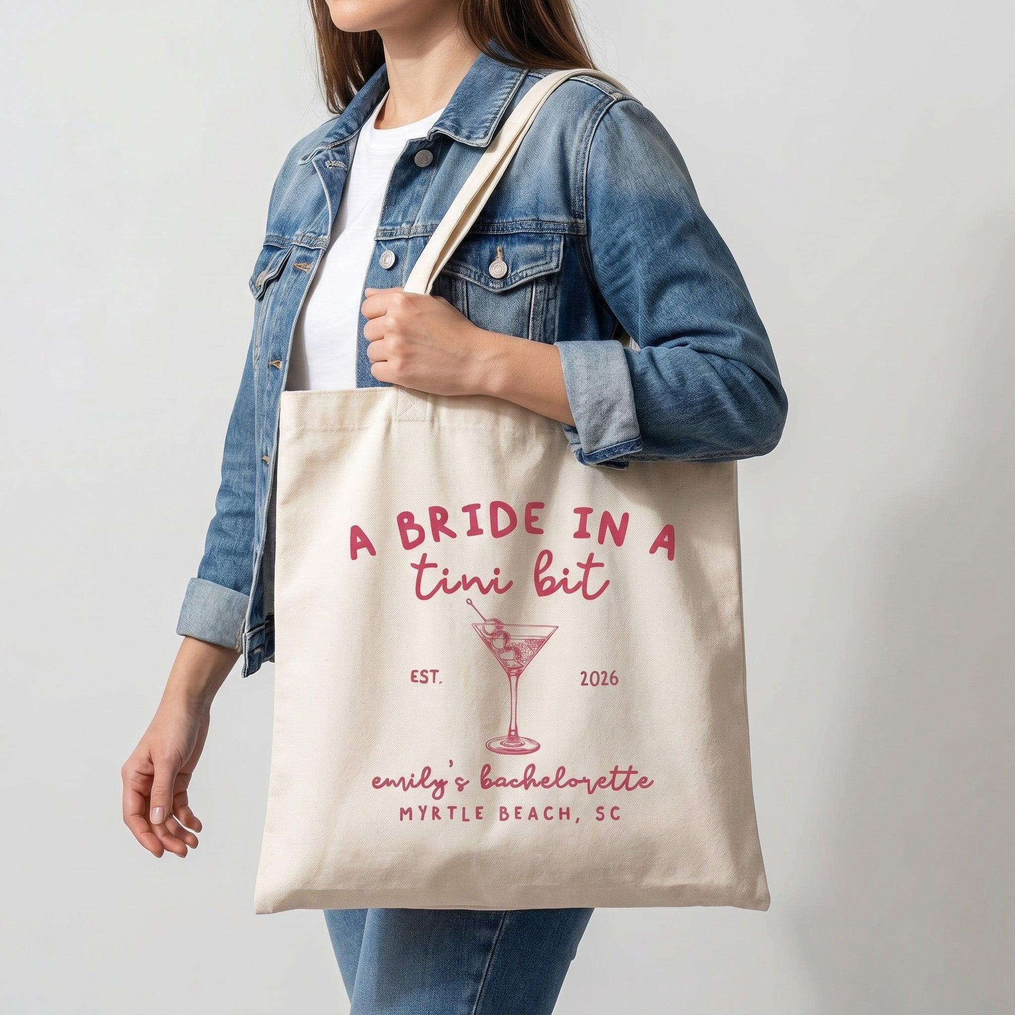 Personalized Bachelorette Party Canvas Tote Bag for Bride Squad and Bridesmaids Cocktail-Core Mob Wife Aesthetic Natural Cotton Canvas A Bride in a Tini Bit Martini Design Custom Wedding Favor Reusable Eco Friendly Gift Bag 4