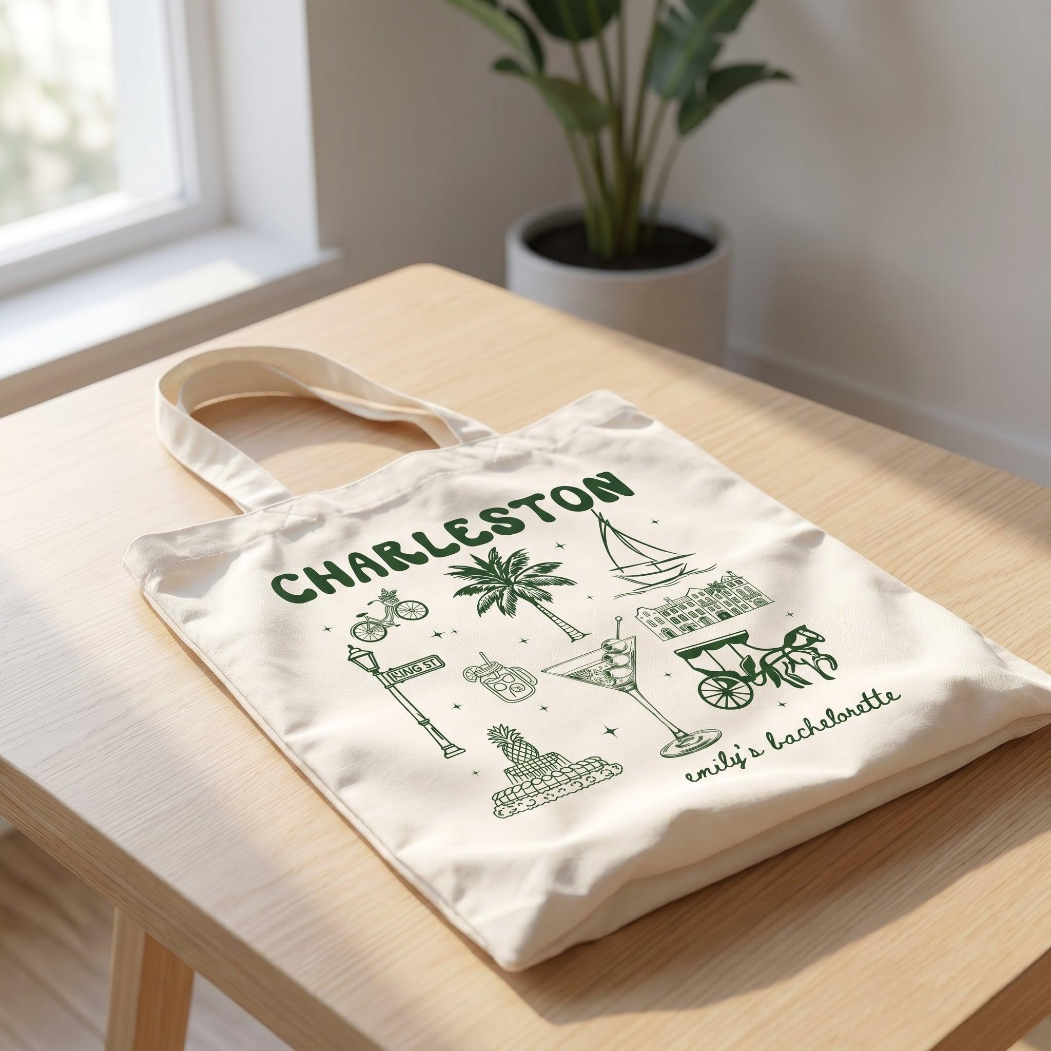 Personalized Charleston Bachelorette Canvas Tote Bag Custom Bridal Party Favor for Bridesmaids Preppy Coastal Southern Charm Hand-Drawn Aesthetic Natural Cotton Destination Wedding Welcome Totes Swag Bag Gift 4
