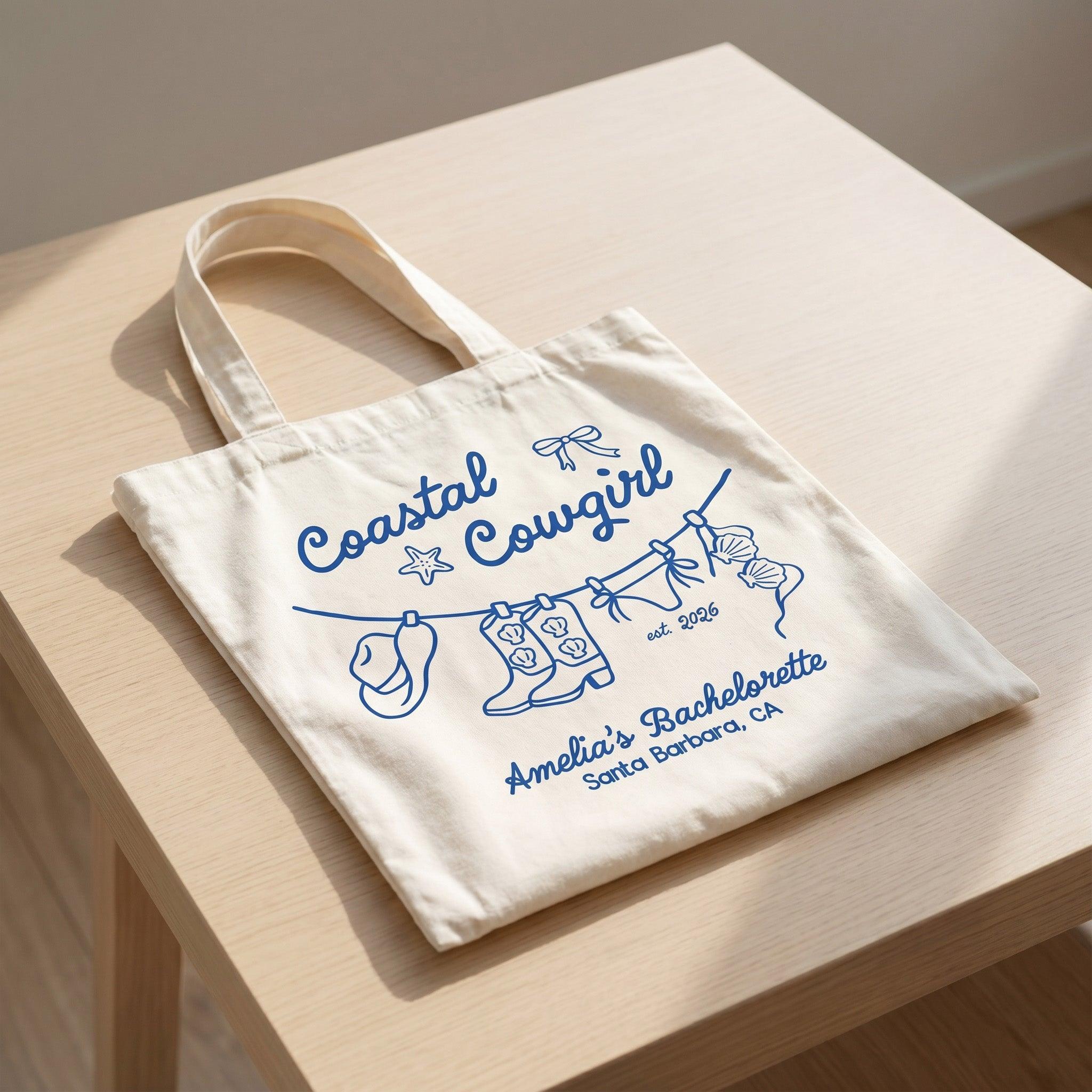 Coastal Cowgirl Bachelorette Canvas Tote Bag For Bridesmaids And Beach Bride Western Preppy Aesthetic Cream Blue Last Toast On The Coast Hangover Kit Gift Bag Custom Bridesmaid Favor Girls Trip Reusable Beach Tote 2