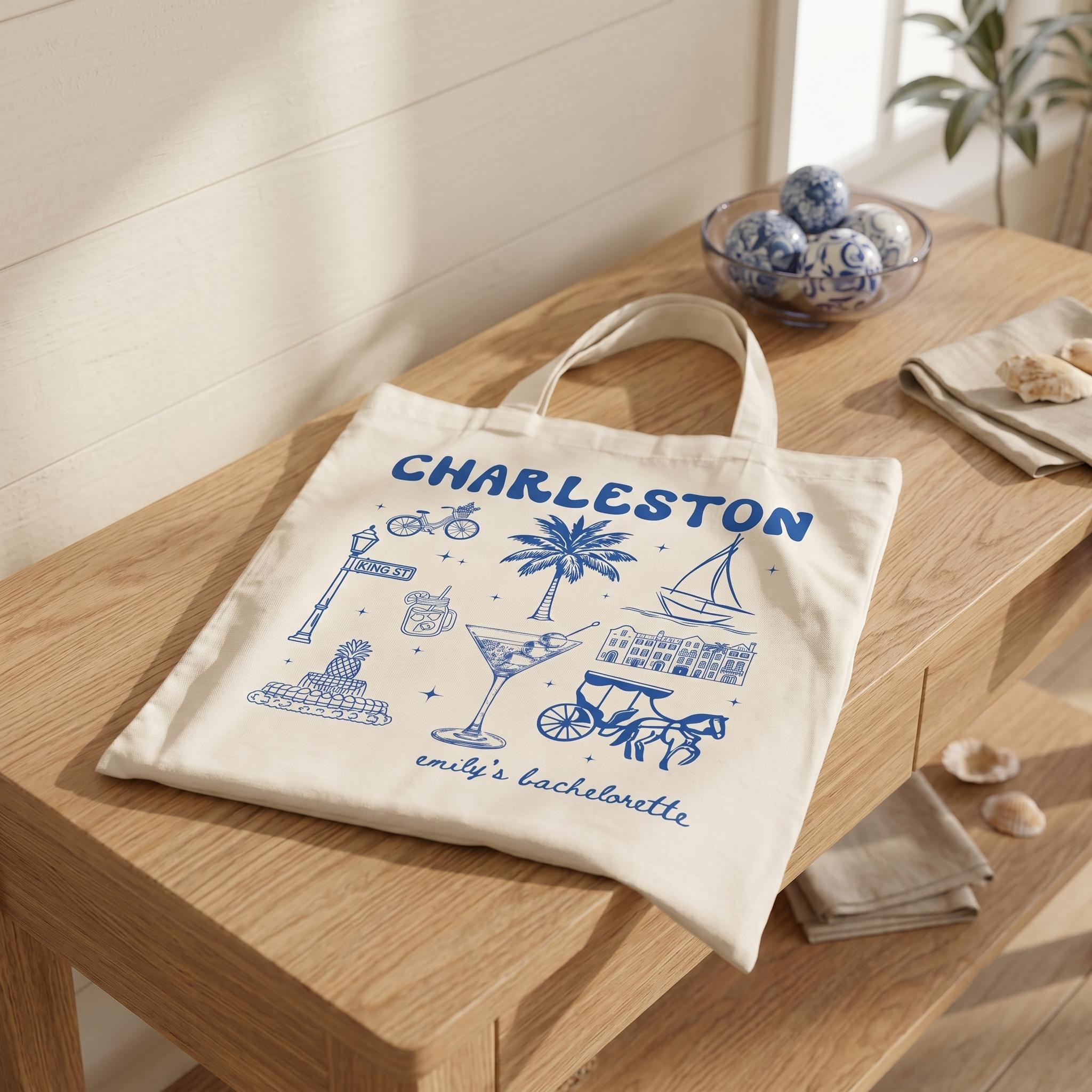 Personalized Charleston Bachelorette Canvas Tote Bag Custom Bridal Party Favor for Bridesmaids Preppy Coastal Southern Charm Hand-Drawn Aesthetic Natural Cotton Destination Wedding Welcome Totes Swag Bag Gift 2