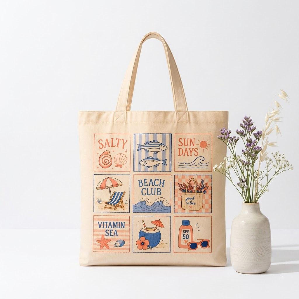 Retro Summer Beach Club Canvas Tote Bag for Women and Teens, Preppy Coastal Coconut Girl Aesthetic Cream Cotton Material Reusable Shoulder Bag, Cute Graphic Print Vitamin Sea Sun Days Good Vibes Large Capacity Travel Vacation Handbag 3