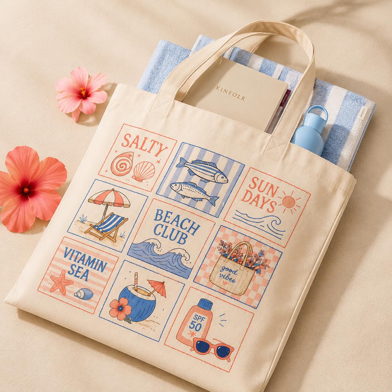 Retro Summer Beach Club Canvas Tote Bag for Women and Teens, Preppy Coastal Coconut Girl Aesthetic Cream Cotton Material Reusable Shoulder Bag, Cute Graphic Print Vitamin Sea Sun Days Good Vibes Large Capacity Travel Vacation Handbag 2