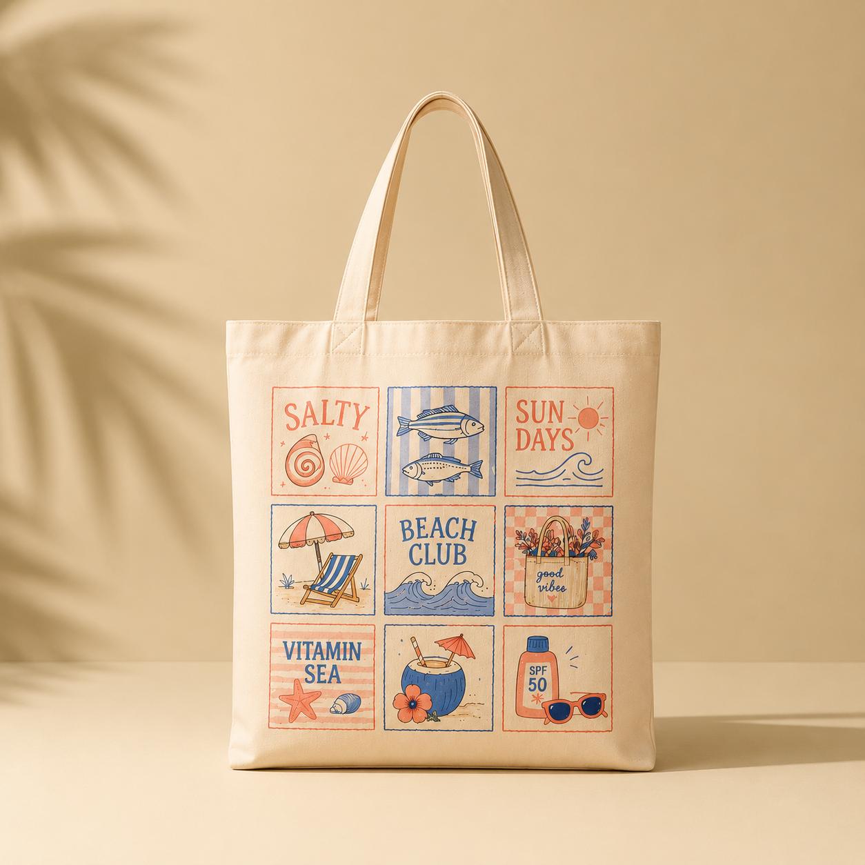 Retro Summer Beach Club Canvas Tote Bag for Women and Teens, Preppy Coastal Coconut Girl Aesthetic Cream Cotton Material Reusable Shoulder Bag, Cute Graphic Print Vitamin Sea Sun Days Good Vibes Large Capacity Travel Vacation Handbag 4