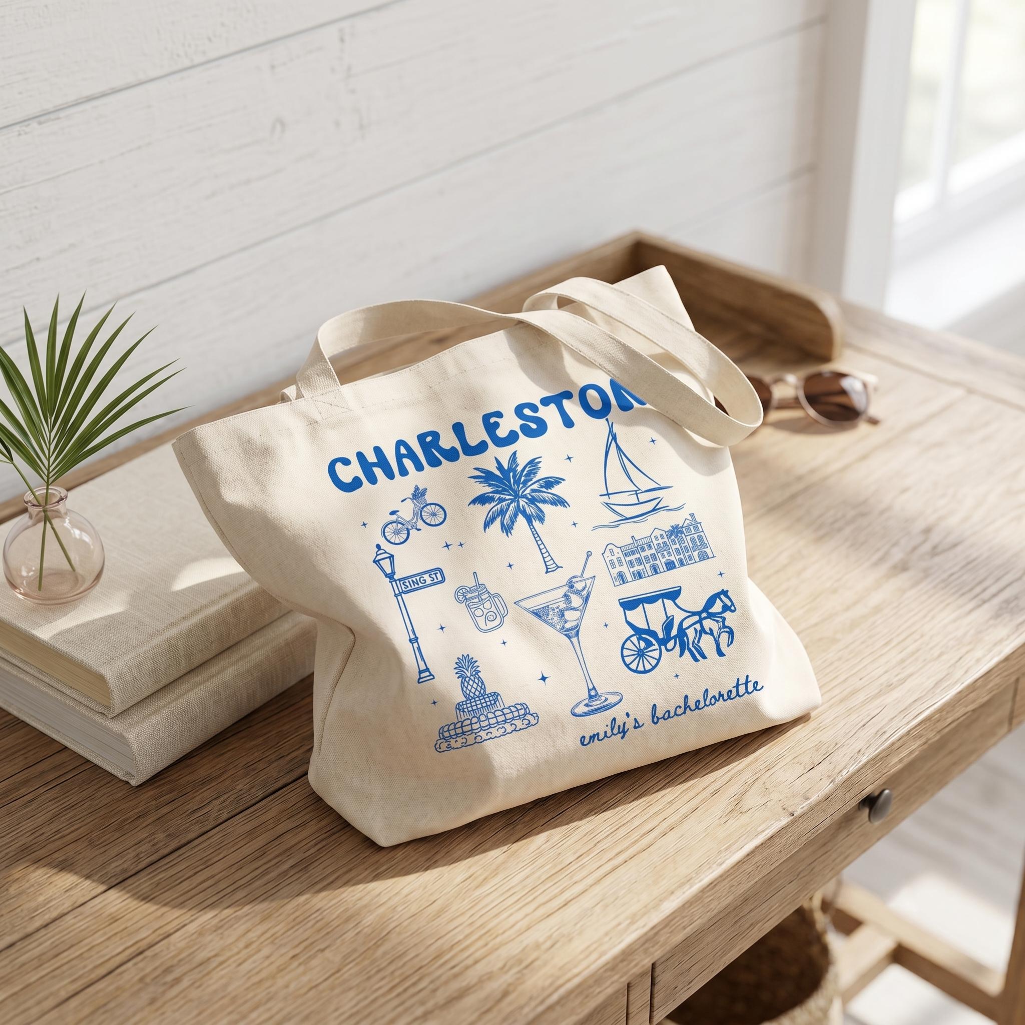 Personalized Charleston Bachelorette Canvas Tote Bag Custom Bridal Party Favor for Bridesmaids Preppy Coastal Southern Charm Hand-Drawn Aesthetic Natural Cotton Destination Wedding Welcome Totes Swag Bag Gift 3