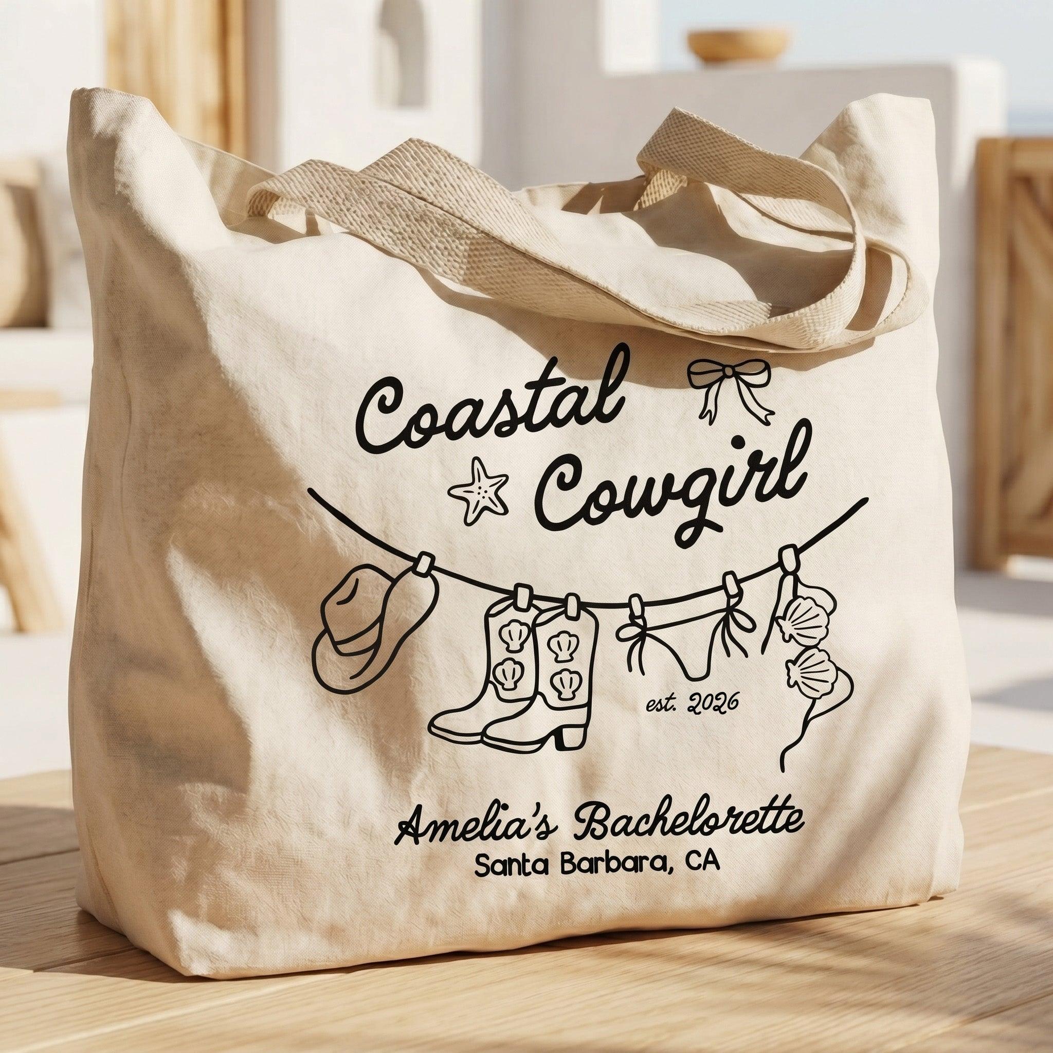 Coastal Cowgirl Bachelorette Canvas Tote Bag For Bridesmaids And Beach Bride Western Preppy Aesthetic Cream Blue Last Toast On The Coast Hangover Kit Gift Bag Custom Bridesmaid Favor Girls Trip Reusable Beach Tote 3