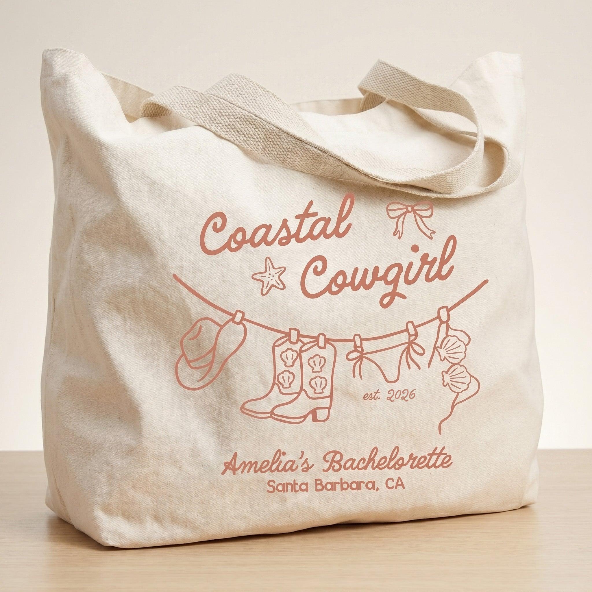 Coastal Cowgirl Bachelorette Canvas Tote Bag For Bridesmaids And Beach Bride Western Preppy Aesthetic Cream Blue Last Toast On The Coast Hangover Kit Gift Bag Custom Bridesmaid Favor Girls Trip Reusable Beach Tote 4