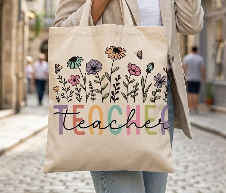 Teacher Floral Tote Bag Reusable Canvas Tote Bag For Teachers Boho Teachercore Pastel Cottagecore Aesthetic Natural Cream Canvas Back To School Book Bag Wildflower Butterfly Graphic Teacher Appreciation Gift 2