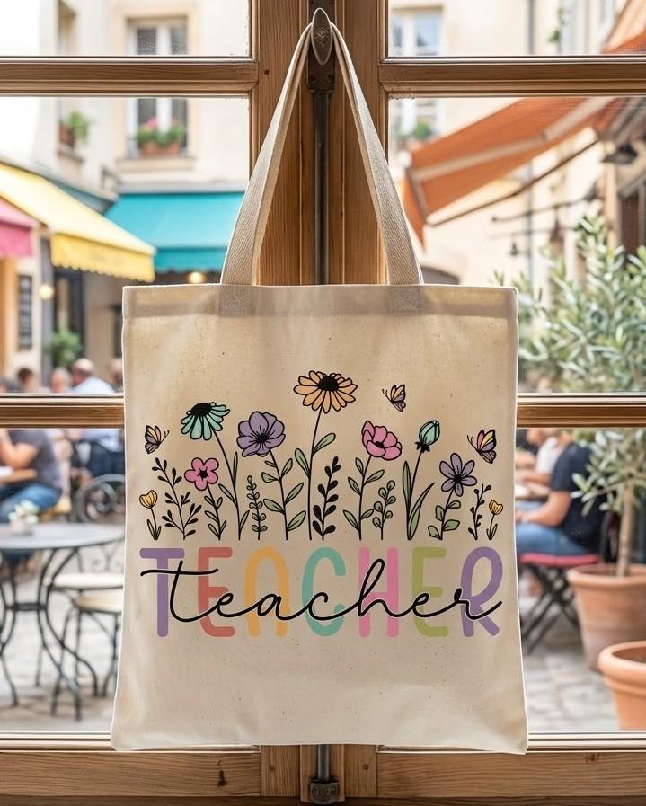 Teacher Floral Tote Bag Reusable Canvas Tote Bag For Teachers Boho Teachercore Pastel Cottagecore Aesthetic Natural Cream Canvas Back To School Book Bag Wildflower Butterfly Graphic Teacher Appreciation Gift 4