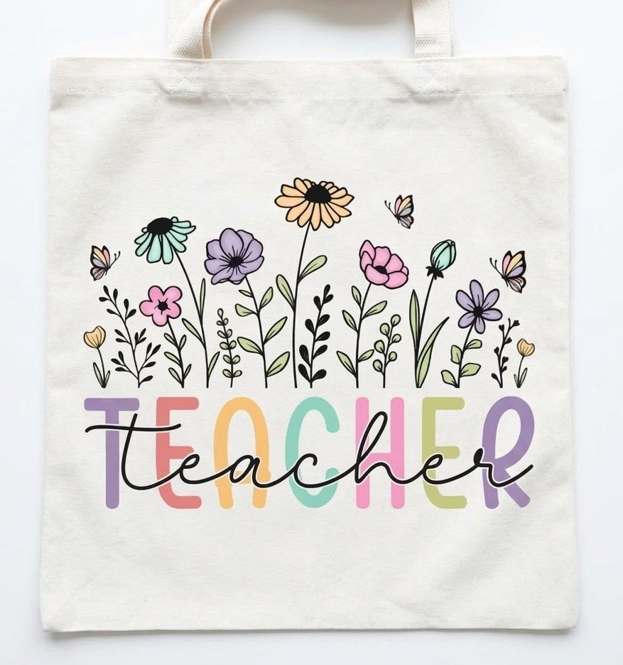 Teacher Floral Tote Bag Reusable Canvas Tote Bag For Teachers Boho Teachercore Pastel Cottagecore Aesthetic Natural Cream Canvas Back To School Book Bag Wildflower Butterfly Graphic Teacher Appreciation Gift 3