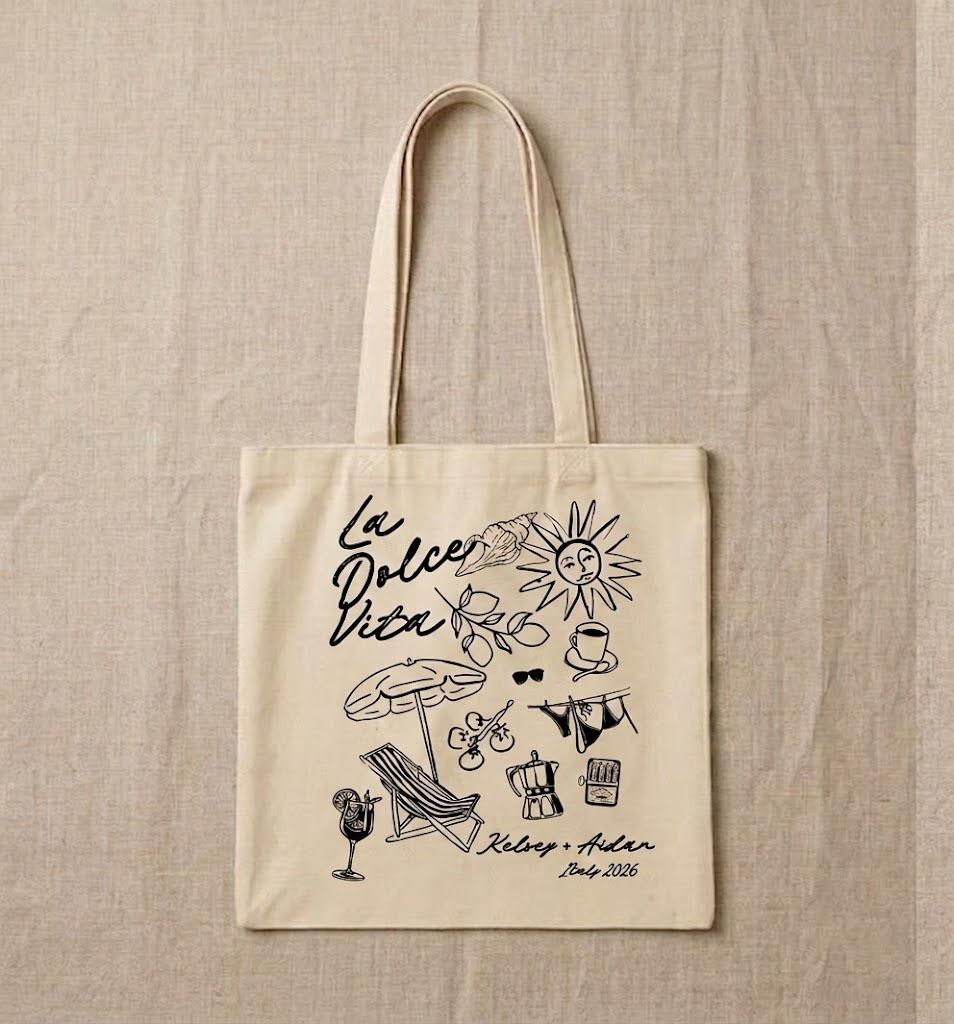Custom La Dolce Vita Canvas Tote Bag for Brides & Wedding Guests, Italian Summer Tomato Girl Aesthetic, Natural Beige Eco-Friendly Canvas Destination Wedding Welcome Bag, Amalfi Coast Bachelorette Party Favor Beach Tote 2