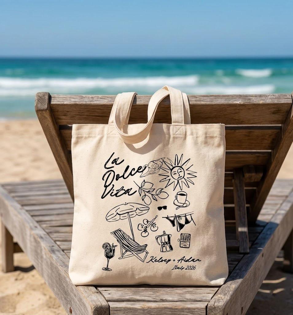 Custom La Dolce Vita Canvas Tote Bag for Brides & Wedding Guests, Italian Summer Tomato Girl Aesthetic, Natural Beige Eco-Friendly Canvas Destination Wedding Welcome Bag, Amalfi Coast Bachelorette Party Favor Beach Tote 3