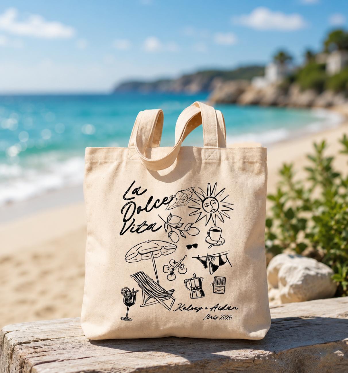 Custom La Dolce Vita Canvas Tote Bag for Brides & Wedding Guests, Italian Summer Tomato Girl Aesthetic, Natural Beige Eco-Friendly Canvas Destination Wedding Welcome Bag, Amalfi Coast Bachelorette Party Favor Beach Tote 4