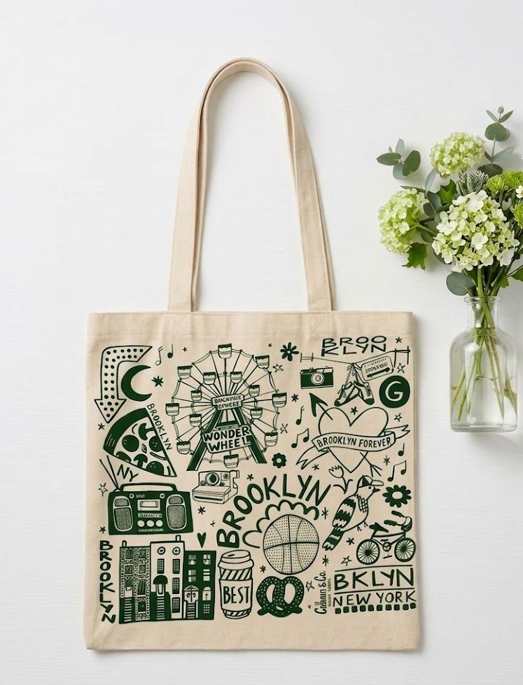 Brooklyn New York Canvas Tote Bag For Women Vintage Souvenir Retro Graphic Aesthetic Natural Beige Cotton With Olive Green Print Reusable Grocery Shopper Slouchy Everyday Throw-On-And-Go Handbag Eco-Friendly NYC Travel Gift 4