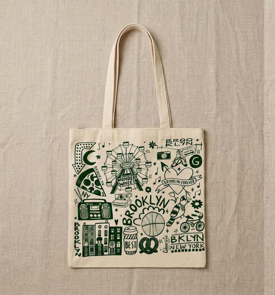 Brooklyn New York Canvas Tote Bag For Women Vintage Souvenir Retro Graphic Aesthetic Natural Beige Cotton With Olive Green Print Reusable Grocery Shopper Slouchy Everyday Throw-On-And-Go Handbag Eco-Friendly NYC Travel Gift 2
