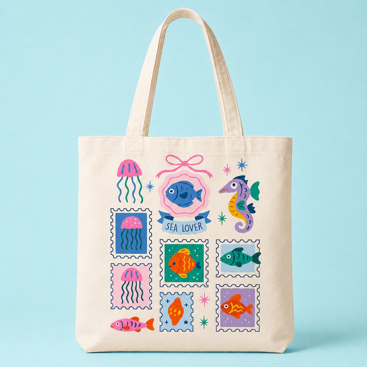 Sea Lover Cute Canvas Tote Bag Retro Ocean Stamp Graphic Shoulder Bag Colorful Jellyfish Seahorse Fish Cotton Book Bag Summer Beach Travel Grocery Tote 2