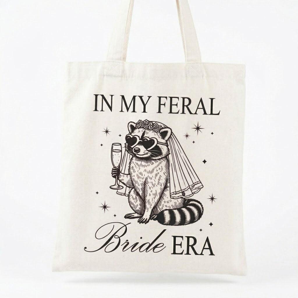 Custom In My Feral Bride Era Raccoon Canvas Tote Bag for Bride and Bridesmaids Funny Retro Y2K Gen Z Meme Aesthetic Bridal Shower Gift Bachelorette Party Favor Engagement Wedding Planning Reusable Grocery Shoulder Bag 3