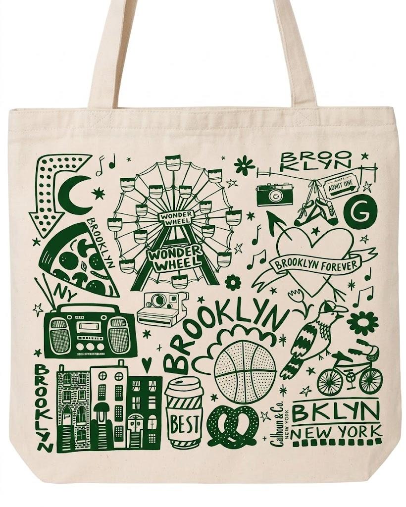 Brooklyn New York Canvas Tote Bag For Women Vintage Souvenir Retro Graphic Aesthetic Natural Beige Cotton With Olive Green Print Reusable Grocery Shopper Slouchy Everyday Throw-On-And-Go Handbag Eco-Friendly NYC Travel Gift