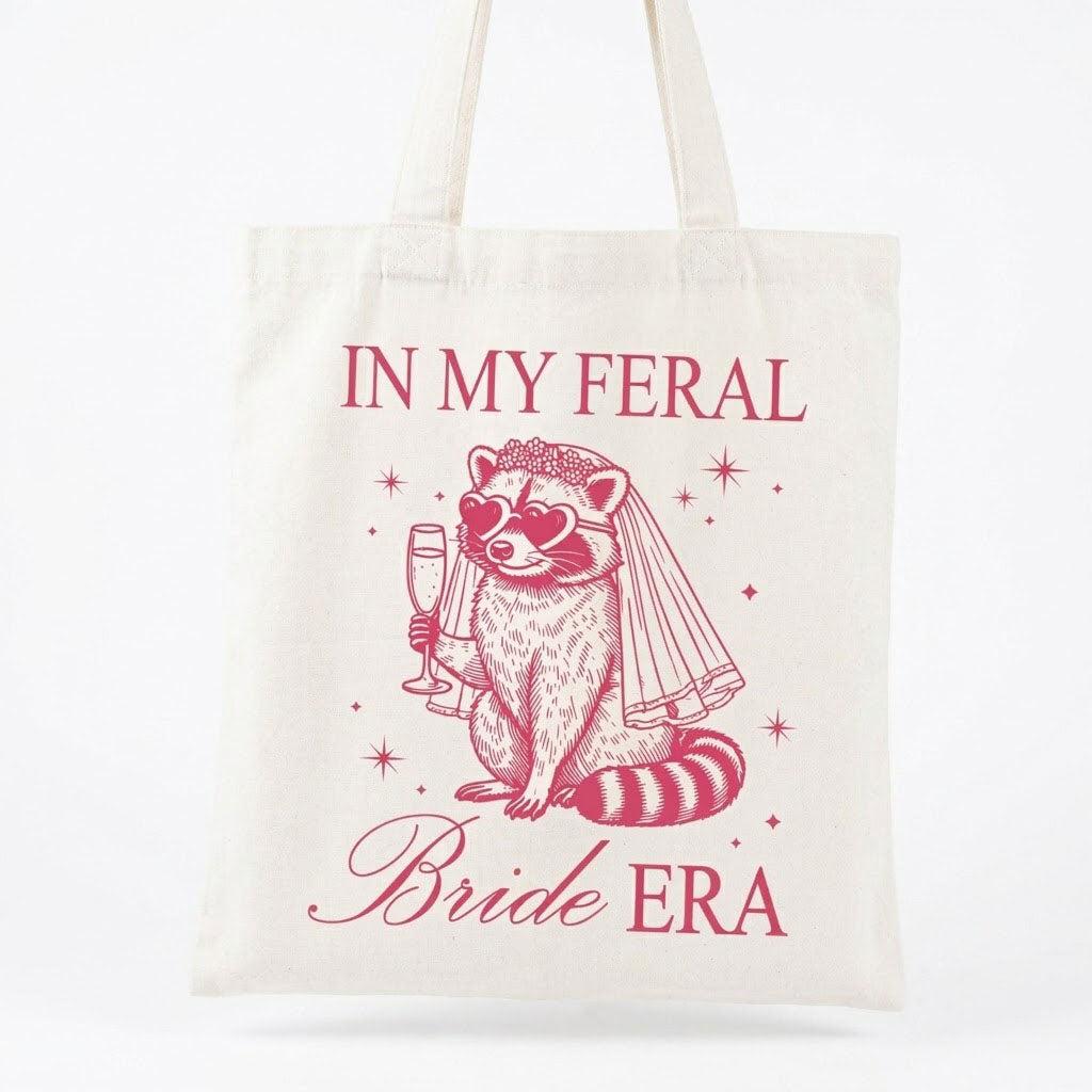 Custom In My Feral Bride Era Raccoon Canvas Tote Bag for Bride and Bridesmaids Funny Retro Y2K Gen Z Meme Aesthetic Bridal Shower Gift Bachelorette Party Favor Engagement Wedding Planning Reusable Grocery Shoulder Bag 2