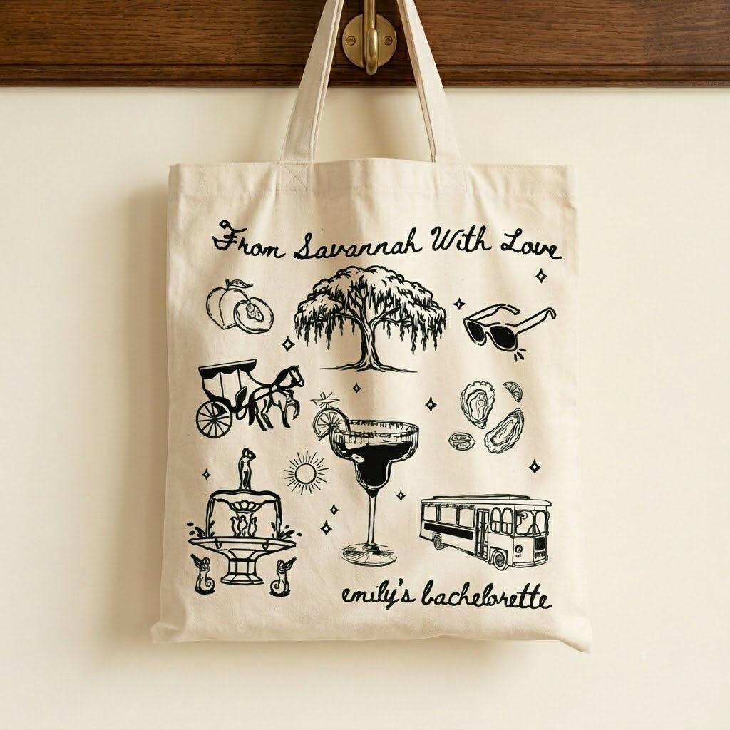 Custom Savannah Bachelorette Girls Trip Favor Canvas Tote Bag Bridesmaids Bridal Party Southern Charm Coastal Preppy Aesthetic Natural Cotton Canvas Reusable Welcome Gift Bag Weeping Willow Peach Print Weekend Getaway Hangover Kit 2