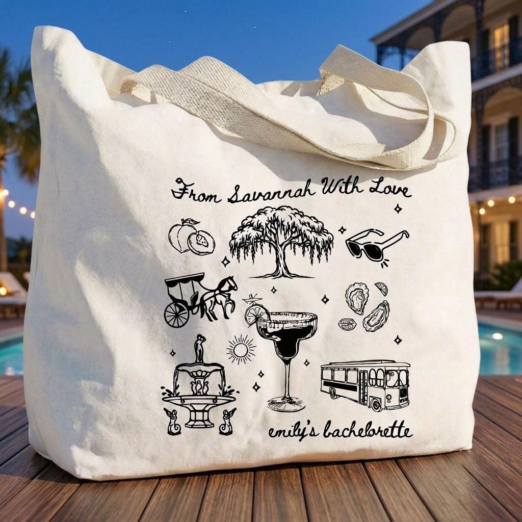 Custom Savannah Bachelorette Girls Trip Favor Canvas Tote Bag Bridesmaids Bridal Party Southern Charm Coastal Preppy Aesthetic Natural Cotton Canvas Reusable Welcome Gift Bag Weeping Willow Peach Print Weekend Getaway Hangover Kit 4