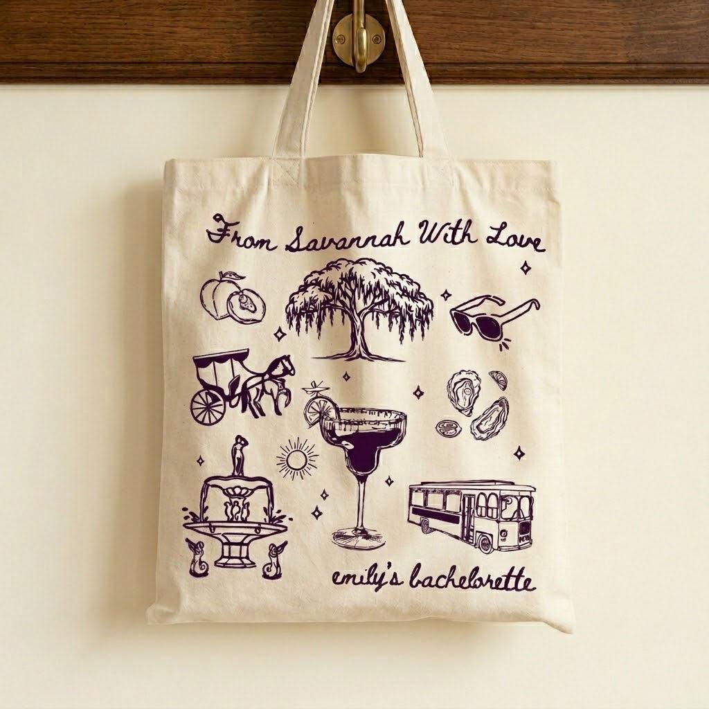 Custom Savannah Bachelorette Girls Trip Favor Canvas Tote Bag Bridesmaids Bridal Party Southern Charm Coastal Preppy Aesthetic Natural Cotton Canvas Reusable Welcome Gift Bag Weeping Willow Peach Print Weekend Getaway Hangover Kit 3