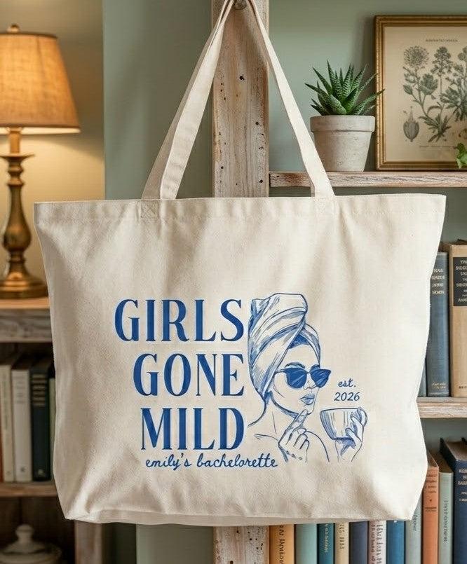 Custom Girls Gone Mild Bachelorette Party Favor Tote Bag for Bridesmaids Preppy Spa Weekend Aesthetic Heavy Cotton Canvas Reusable Goodie Bag Personalized Bridal Shower Gift Pjs and Prosecco Wellness Theme 4