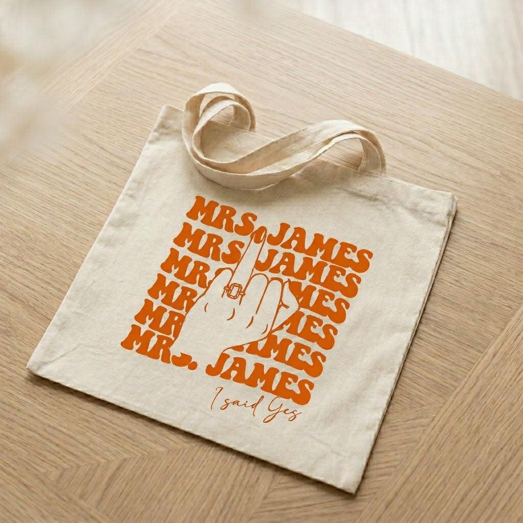 Custom Mrs Last Name Canvas Tote Bag for Alt Bride Edgy Retro Aesthetic Natural Cotton Bachelorette Party Gift Funny Engagement Ring Middle Finger Graphic Future Mrs Honeymoon Bridal Shower Survival Kit Accessory 3