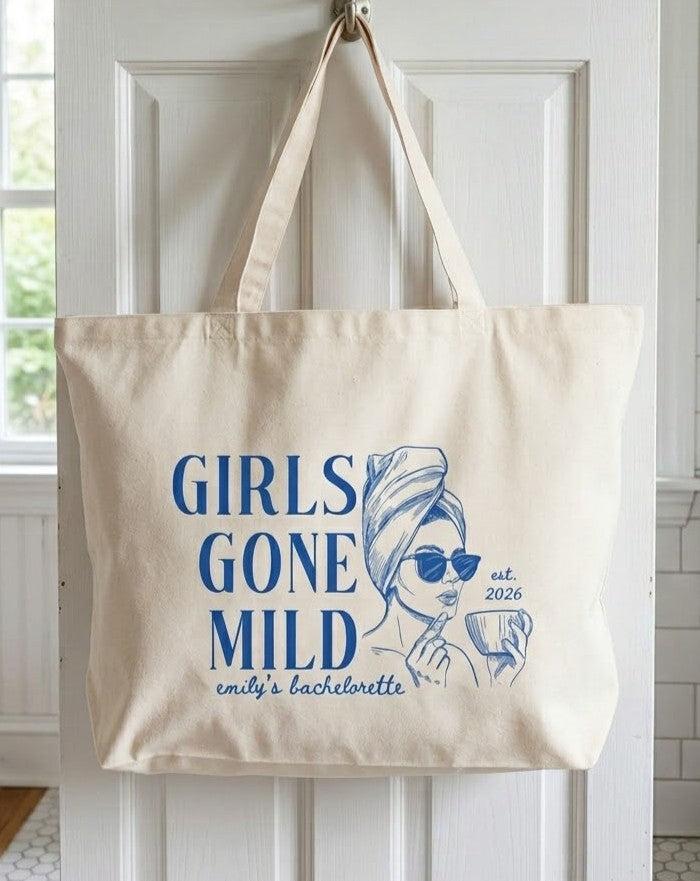 Custom Girls Gone Mild Bachelorette Party Favor Tote Bag for Bridesmaids Preppy Spa Weekend Aesthetic Heavy Cotton Canvas Reusable Goodie Bag Personalized Bridal Shower Gift Pjs and Prosecco Wellness Theme 2
