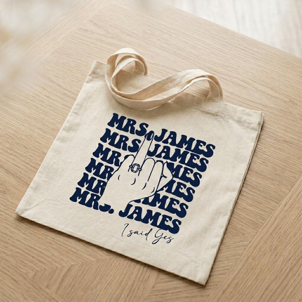 Custom Mrs Last Name Canvas Tote Bag for Alt Bride Edgy Retro Aesthetic Natural Cotton Bachelorette Party Gift Funny Engagement Ring Middle Finger Graphic Future Mrs Honeymoon Bridal Shower Survival Kit Accessory 4