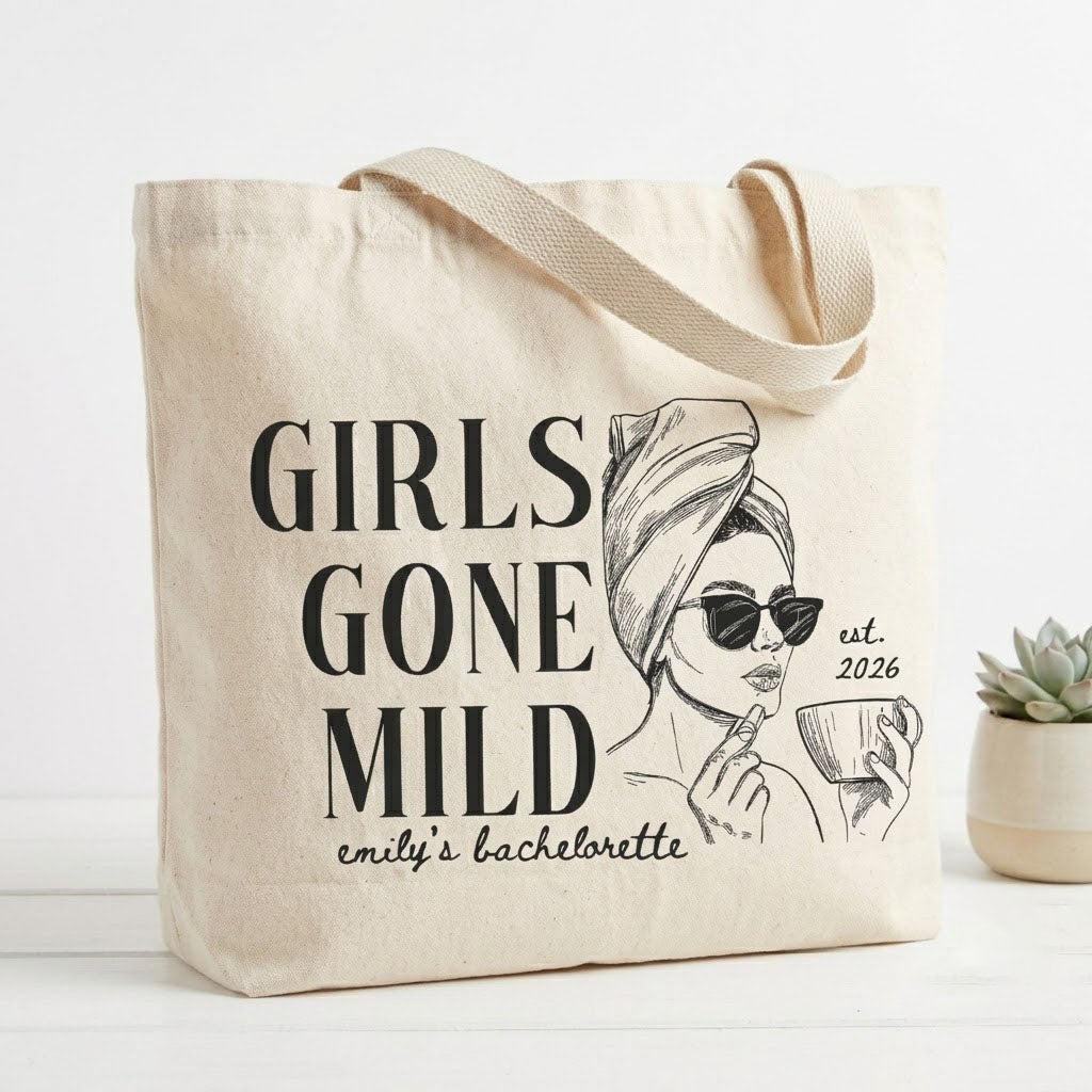 Custom Girls Gone Mild Bachelorette Party Favor Tote Bag for Bridesmaids Preppy Spa Weekend Aesthetic Heavy Cotton Canvas Reusable Goodie Bag Personalized Bridal Shower Gift Pjs and Prosecco Wellness Theme 3