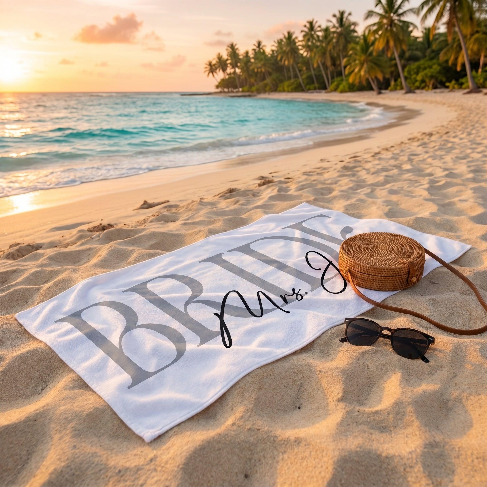 Personalized Bride Beach Towels Custom Name Pool Towel For Women Brides Coastal Preppy Chic Aesthetic Light Blue Sand Free Microfiber Honeymoon Bachelorette Trip Bridal Shower Gift Summer Vacation Beach Holiday Summervibes Essentials 2