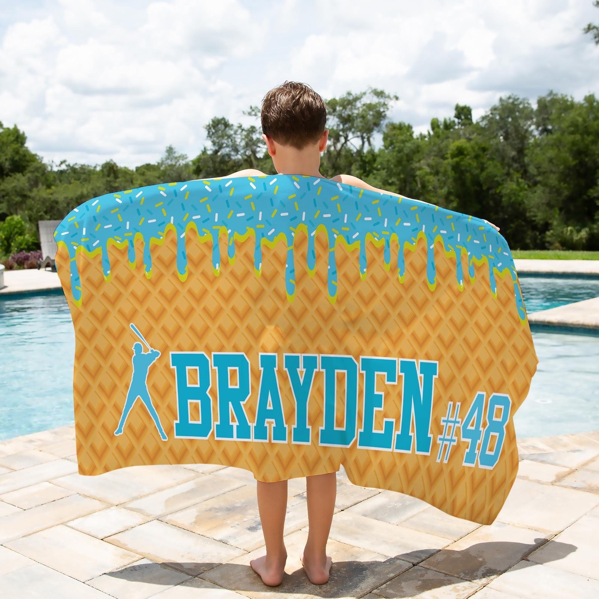 Custom Personalized Ice Cream Drip Baseball Beach Matching Towel For Boys Youth Fun Aesthetic Pink Waffle Cone Pool Towel Microfiber Sports Team Gift With Custom Kid Name Number Print Summervibes Vacation Summerwins Beach Holiday Gifts 4
