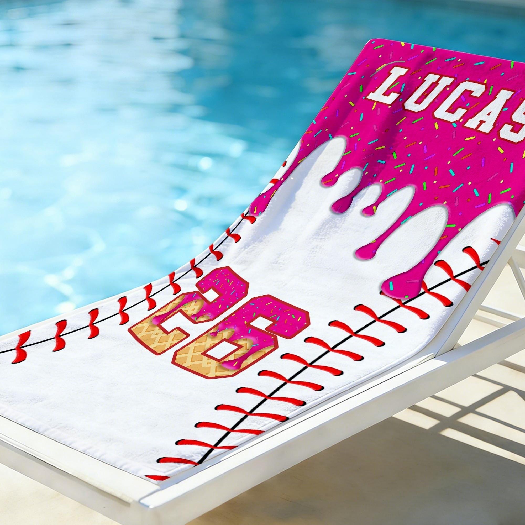 Personalized Custom Baseball Drip Beach Matching Towel for Kids Boys Sports Fans Summervibes Aesthetic Ice Cream Sprinkles Pattern Quick Dry Microfiber Pool Bath Towel Custom Name Number Baseball Player Gifts Summer Holiday Vacation 3
