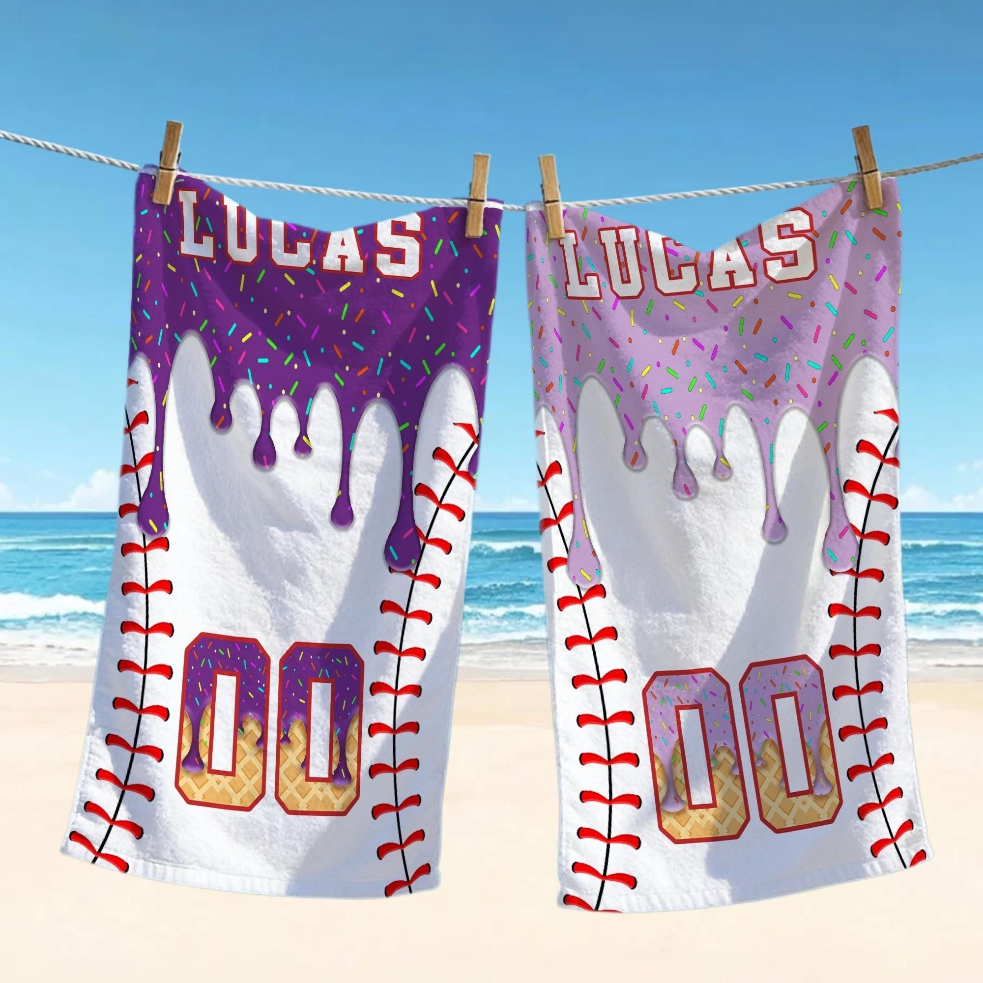 Personalized Custom Baseball Drip Beach Matching Towel for Kids Boys Sports Fans Summervibes Aesthetic Ice Cream Sprinkles Pattern Quick Dry Microfiber Pool Bath Towel Custom Name Number Baseball Player Gifts Summer Holiday Vacation 2