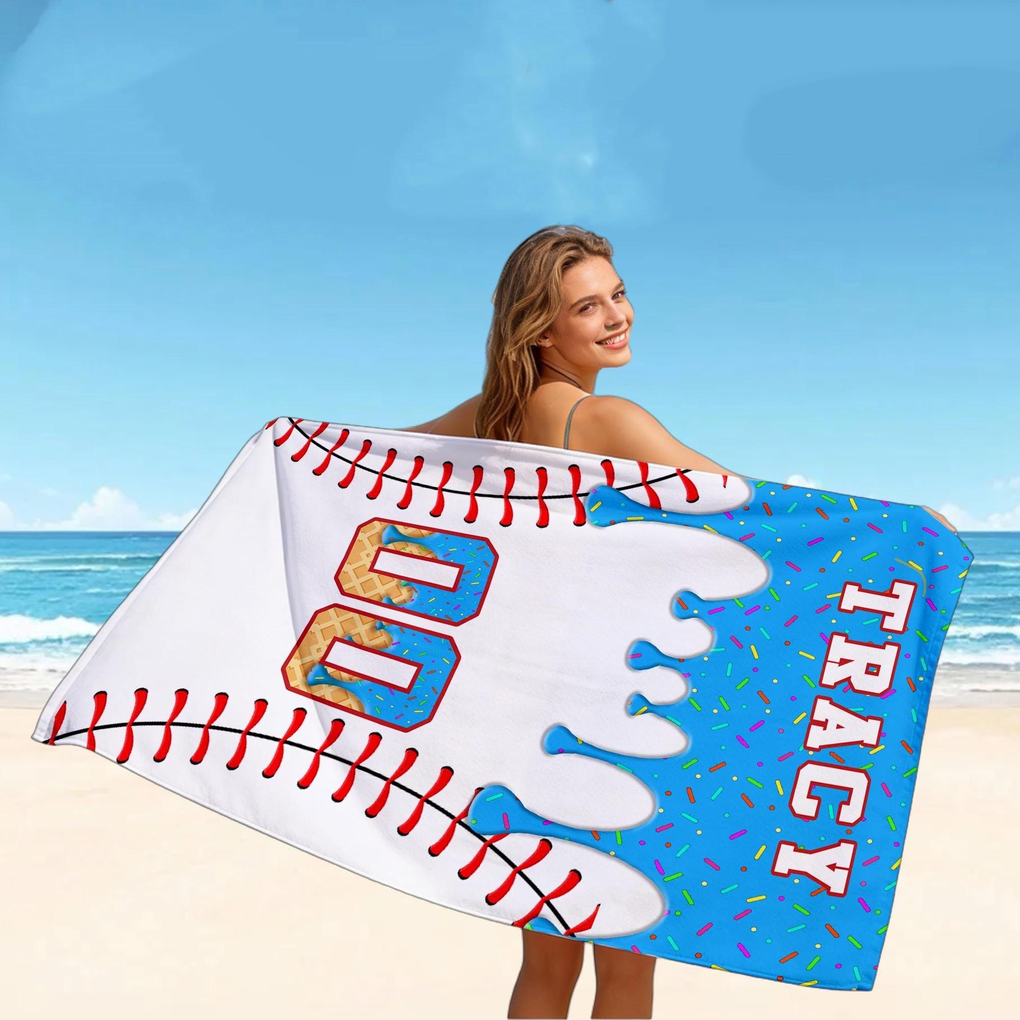 Personalized Custom Baseball Drip Beach Matching Towel for Kids Boys Sports Fans Summervibes Aesthetic Ice Cream Sprinkles Pattern Quick Dry Microfiber Pool Bath Towel Custom Name Number Baseball Player Gifts Summer Holiday Vacation 4