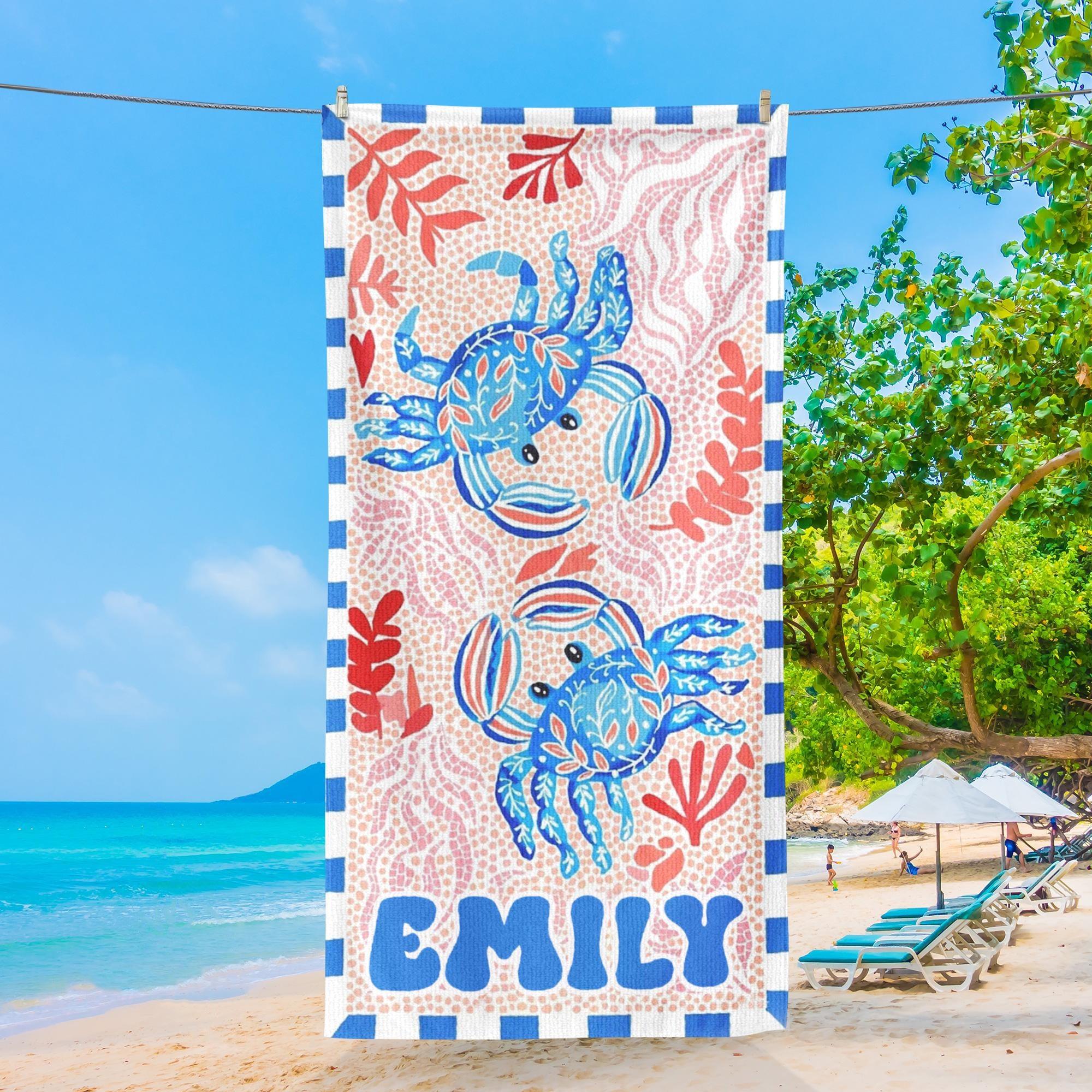 Custom Mermaid Tail Family Matching Beach Towel Personalized Mother & Daughter Gift Set Watercolor Crab Ocean Coastal Aesthetic Blue Pink Microfiber Pool Towels For Girls Women Kids Summer Vacation Beach Accessories Fast Dry Sand Free Swim 4