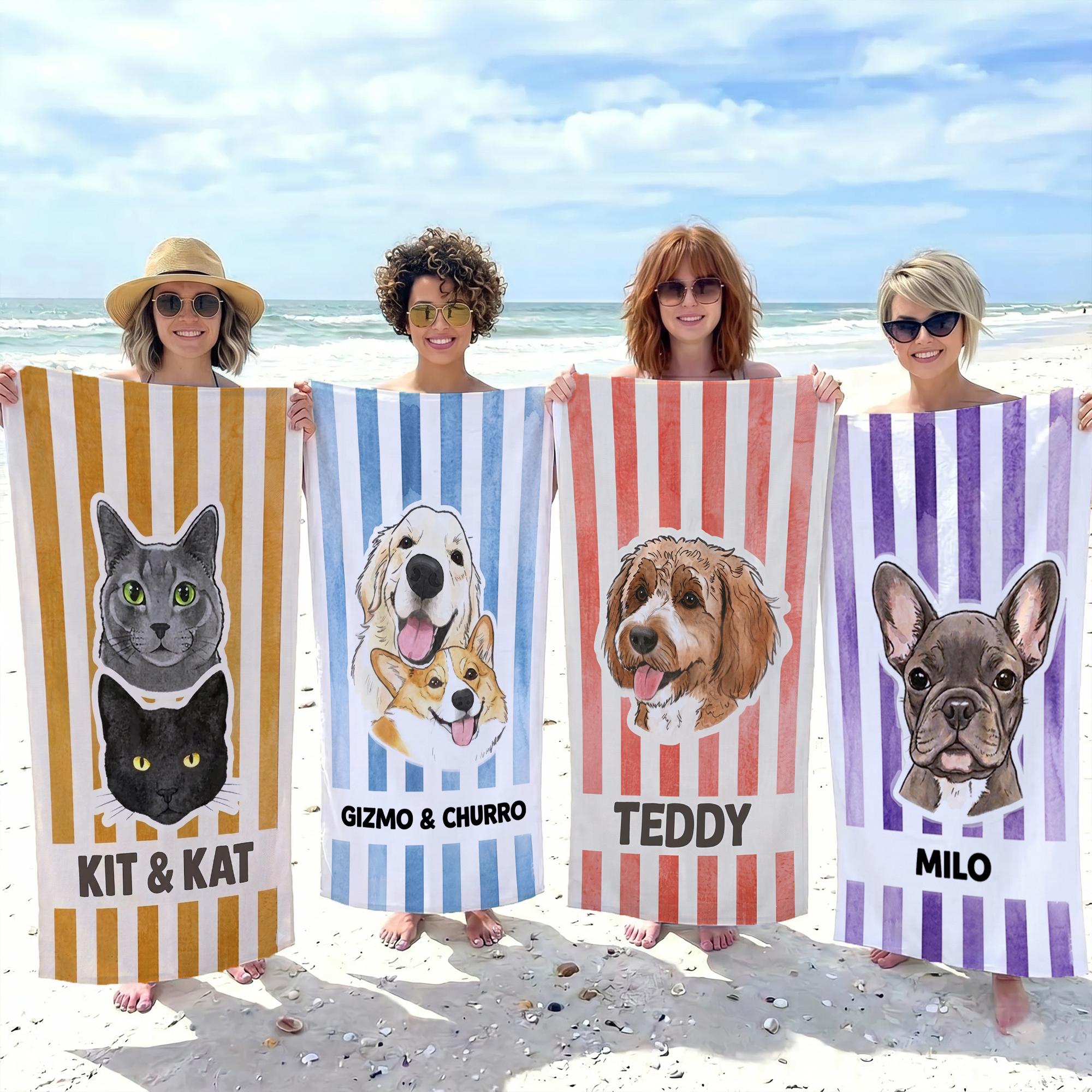 Custom Personalized Pet Portrait Name Beach Towel for Dog Mom Cat Lovers Preppy Summer Cabana Stripe Aesthetic Colorful Microfiber Pool Swim Towel Matching Outfit Pet Stripe Towel Unique Gift Vacation Essentials 2026