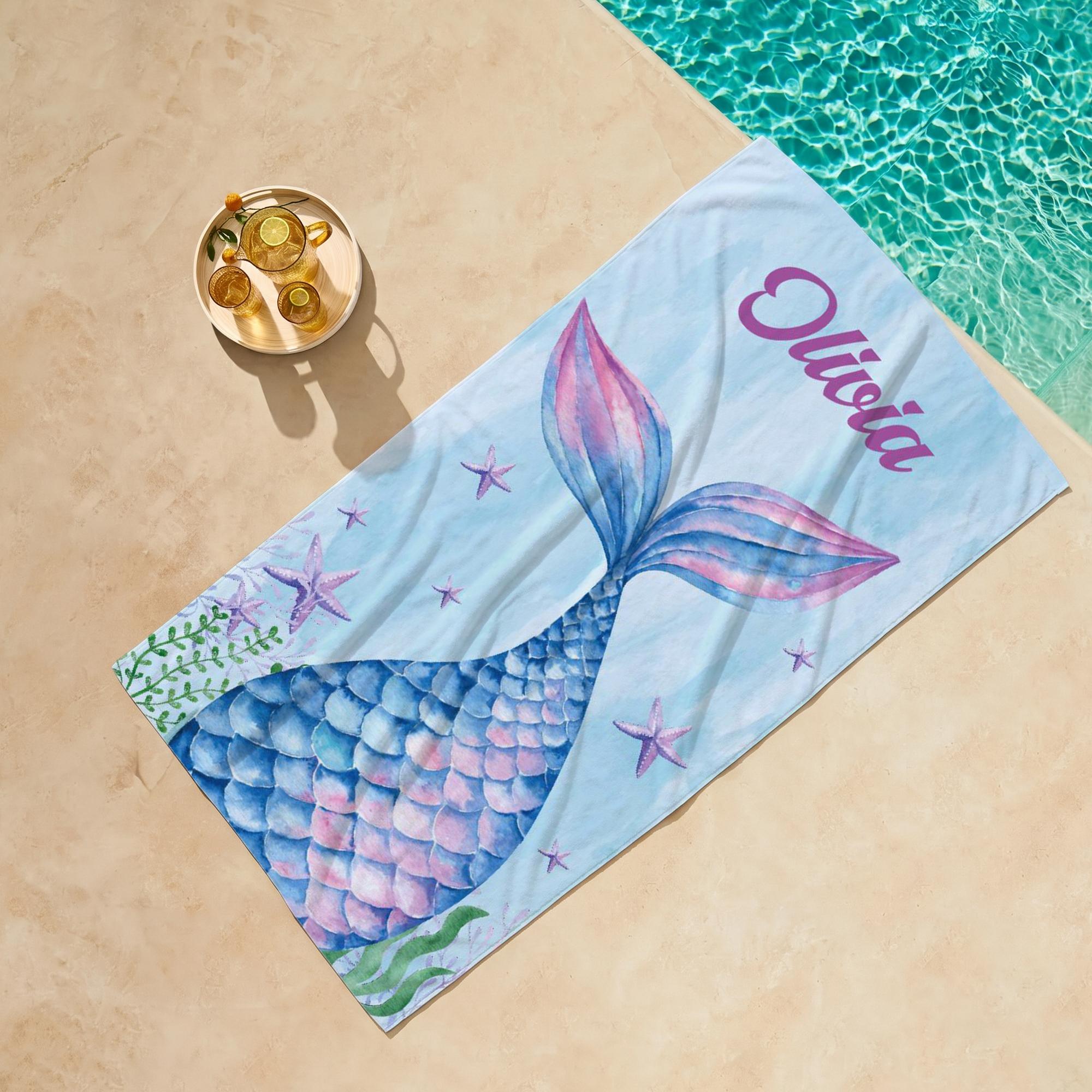 Custom Mermaid Tail Beach Matching Towel Personalized Girl Squad Mother & Daughter Matching Gift Set Watercolor Mermaidcore Ocean Coastal Aesthetic Blue Pink Microfiber Pool Towels For Women Kids Summer Vacation Beach Accessories Fast Dry Sand 3