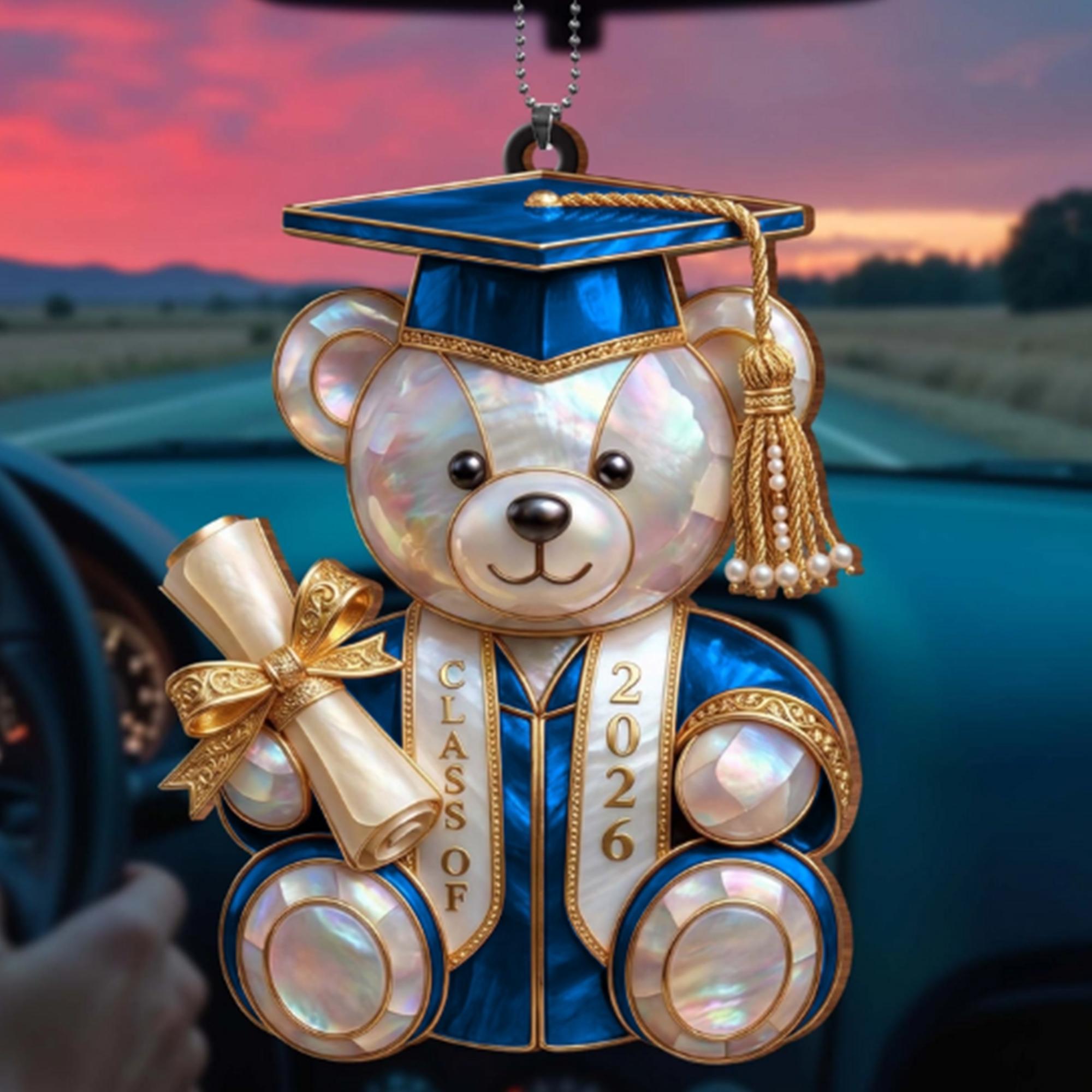 Personalized Class Of Graduation Bear Acrylic Ornament, Pearlescent Maroon-Gold Faux Stained Glass Keepsake, Graduation Gift Ideas for High School Seniors with Custom Name & Year, Car Rearview Mirror Charm 2