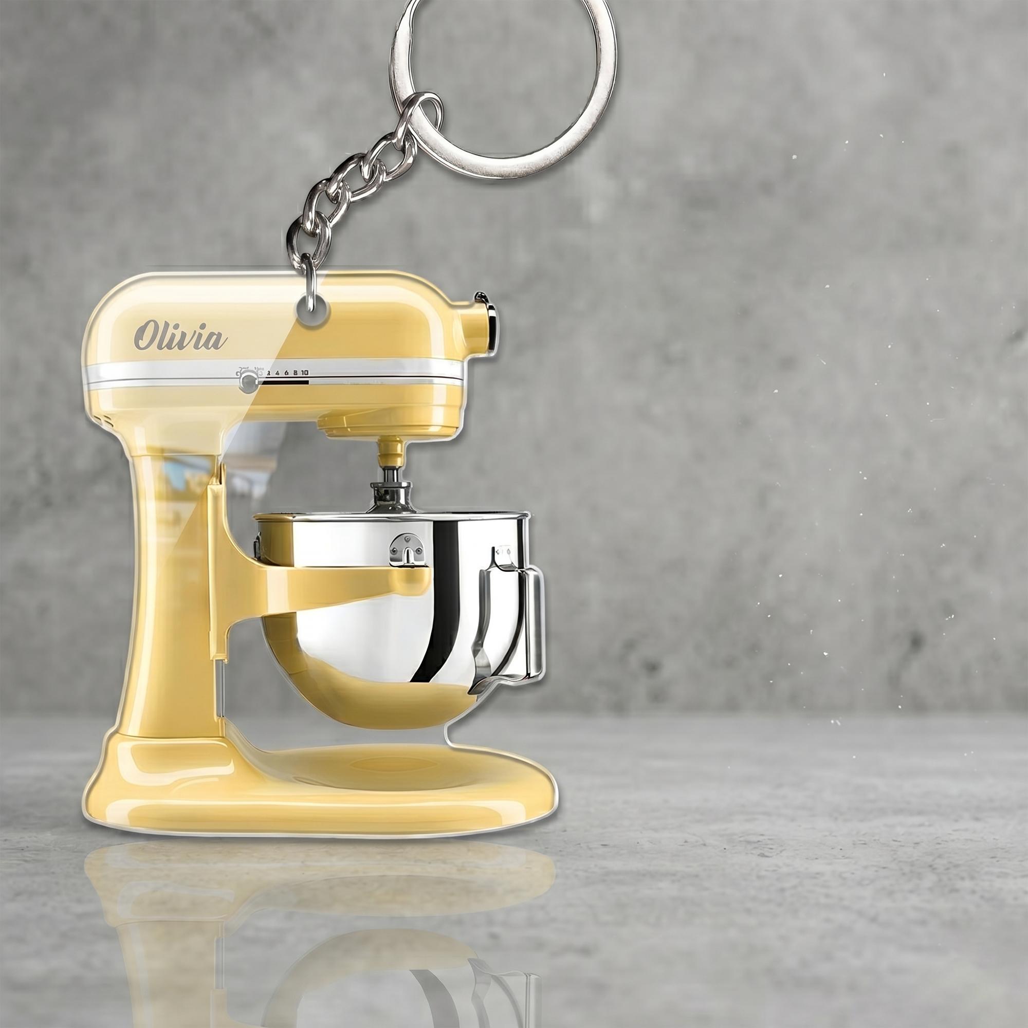 Custom Personalized Stand Mixer Keychain Bag Charm Keyring For Women Bakers Chefs Cute Retro Cottagecore Preppy Aesthetic Pastel Yellow Clear Acrylic Metal Custom Name Mixer Keychain Baker Gift Baking Enthusiast Accessories 2