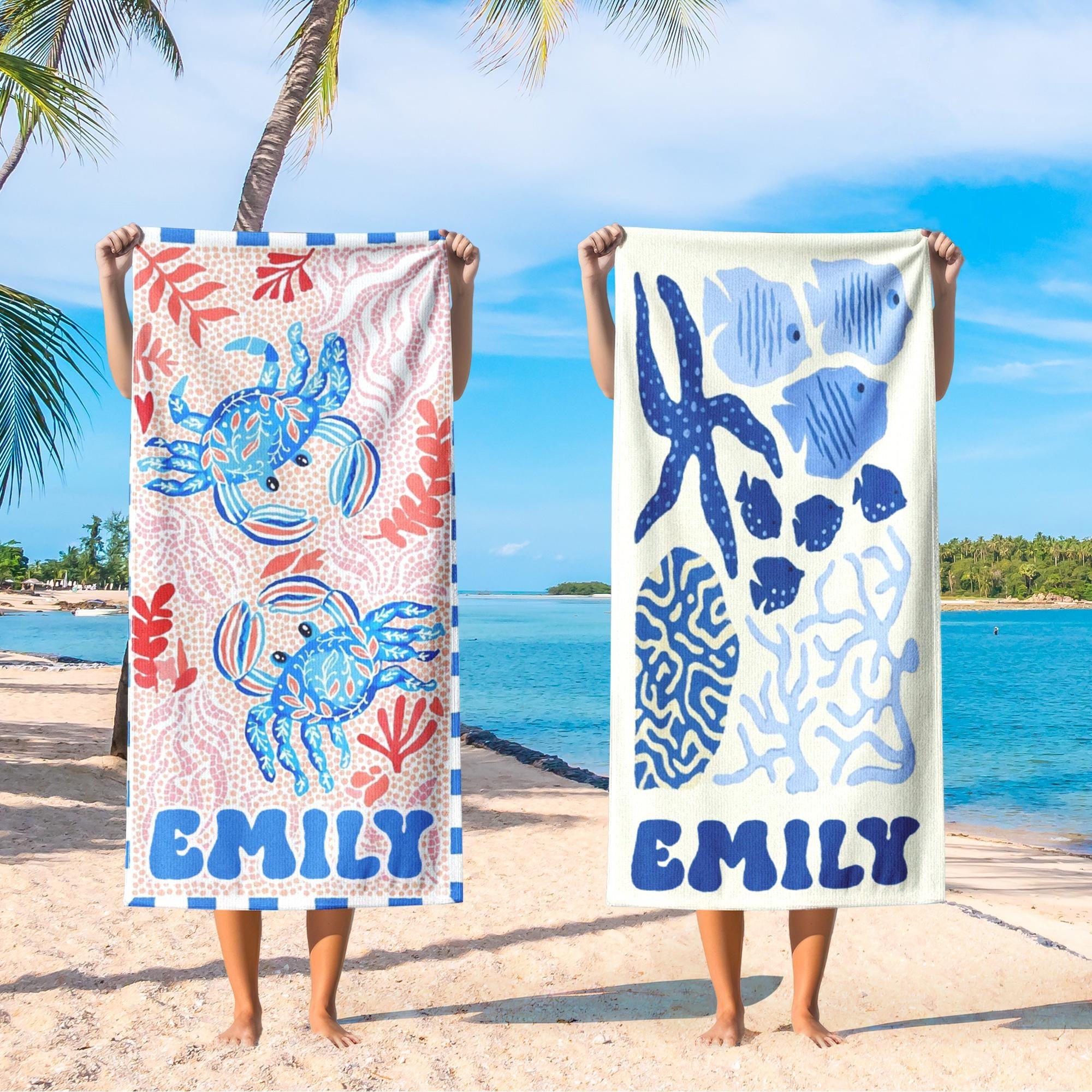 Custom Mermaid Tail Family Matching Beach Towel Personalized Mother & Daughter Gift Set Watercolor Crab Ocean Coastal Aesthetic Blue Pink Microfiber Pool Towels For Girls Women Kids Summer Vacation Beach Accessories Fast Dry Sand Free Swim 3