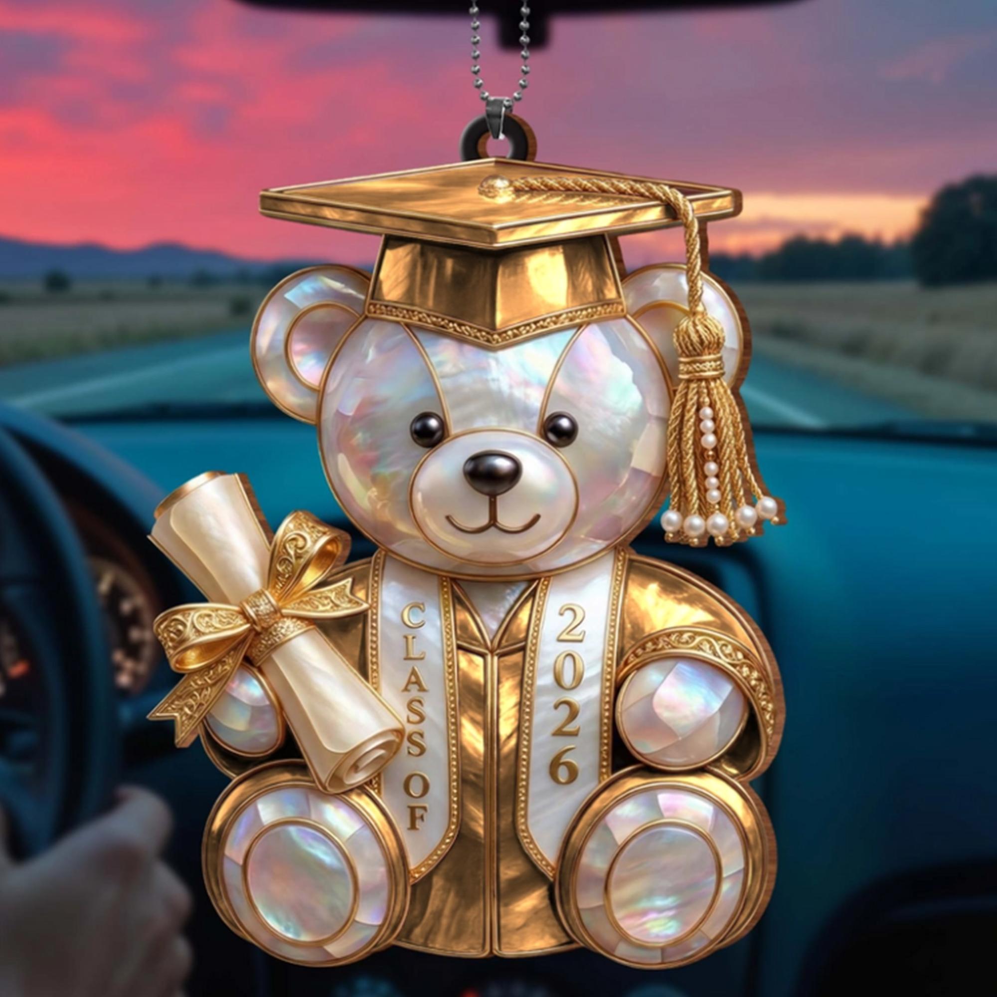 Personalized Class Of Graduation Bear Acrylic Ornament, Pearlescent Maroon-Gold Faux Stained Glass Keepsake, Graduation Gift Ideas for High School Seniors with Custom Name & Year, Car Rearview Mirror Charm 4