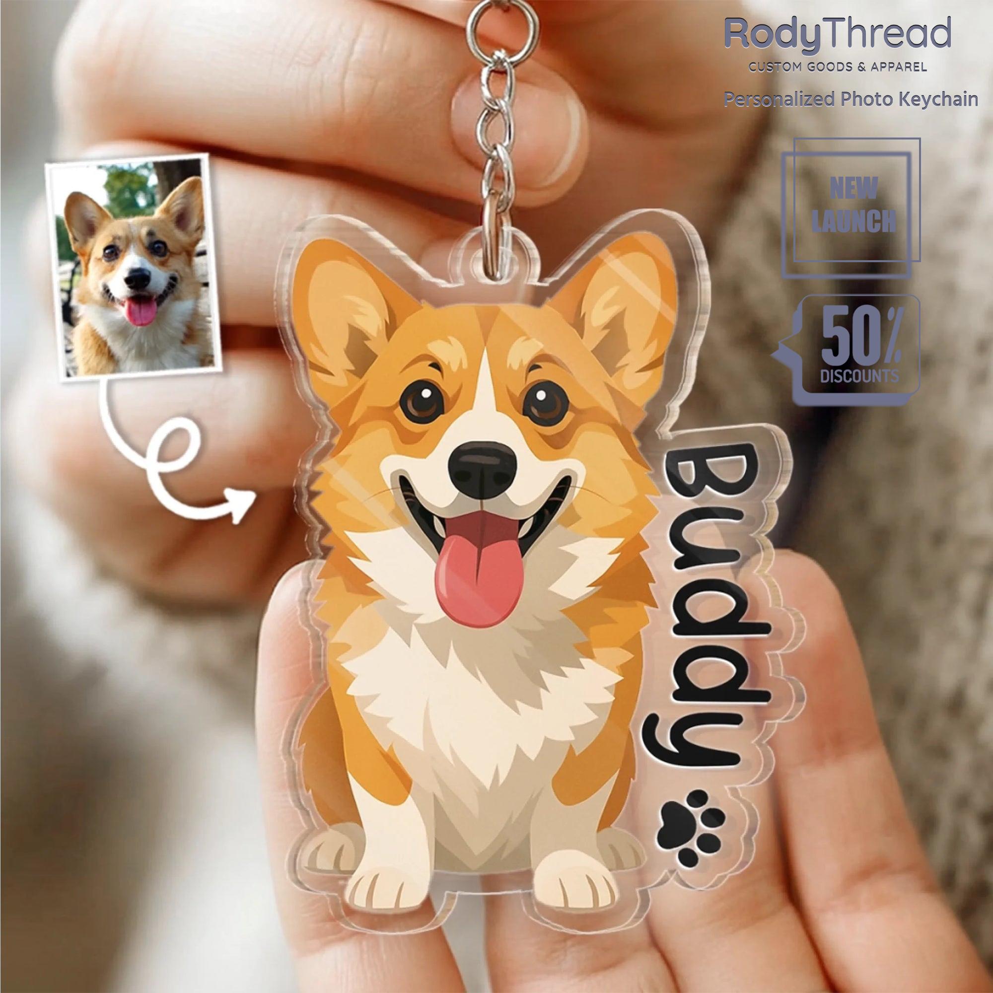 Custom Pet Illustration Acrylic Keychain - Hand-Drawn Dog & Cat Portrait Charm, Named Keepsake, Durable Bag Tag, Made in USA, Women's Accessory, Custom-Made, Animal Motif, Chain-Attached, Charm Keychains, Custom-Made Keychains