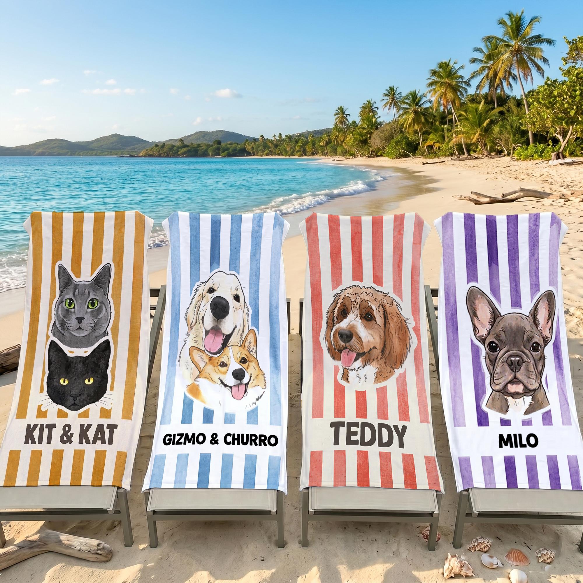 Custom Personalized Pet Portrait Name Beach Towel for Dog Mom Cat Lovers Preppy Summer Cabana Stripe Aesthetic Colorful Microfiber Pool Swim Towel Matching Outfit Pet Stripe Towel Unique Gift Vacation Essentials 2026 2
