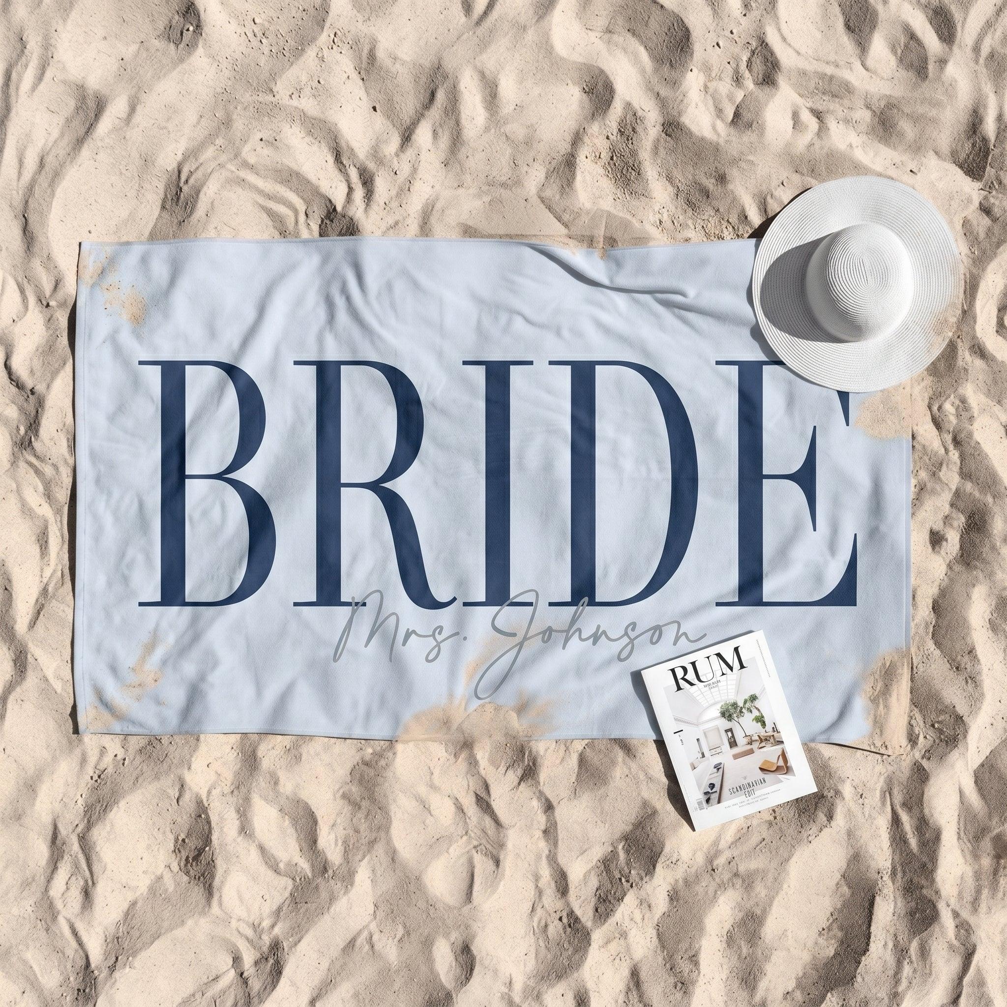 Custom Personalized Future Mrs Bride Beach Towel for Women Elegant Coastal Aesthetic Light Blue Pool Towel Bachelorette Party Favor Bridal Shower Gift Honeymoon Travel Essential Summer Vacation Accessory Quick Dry 3