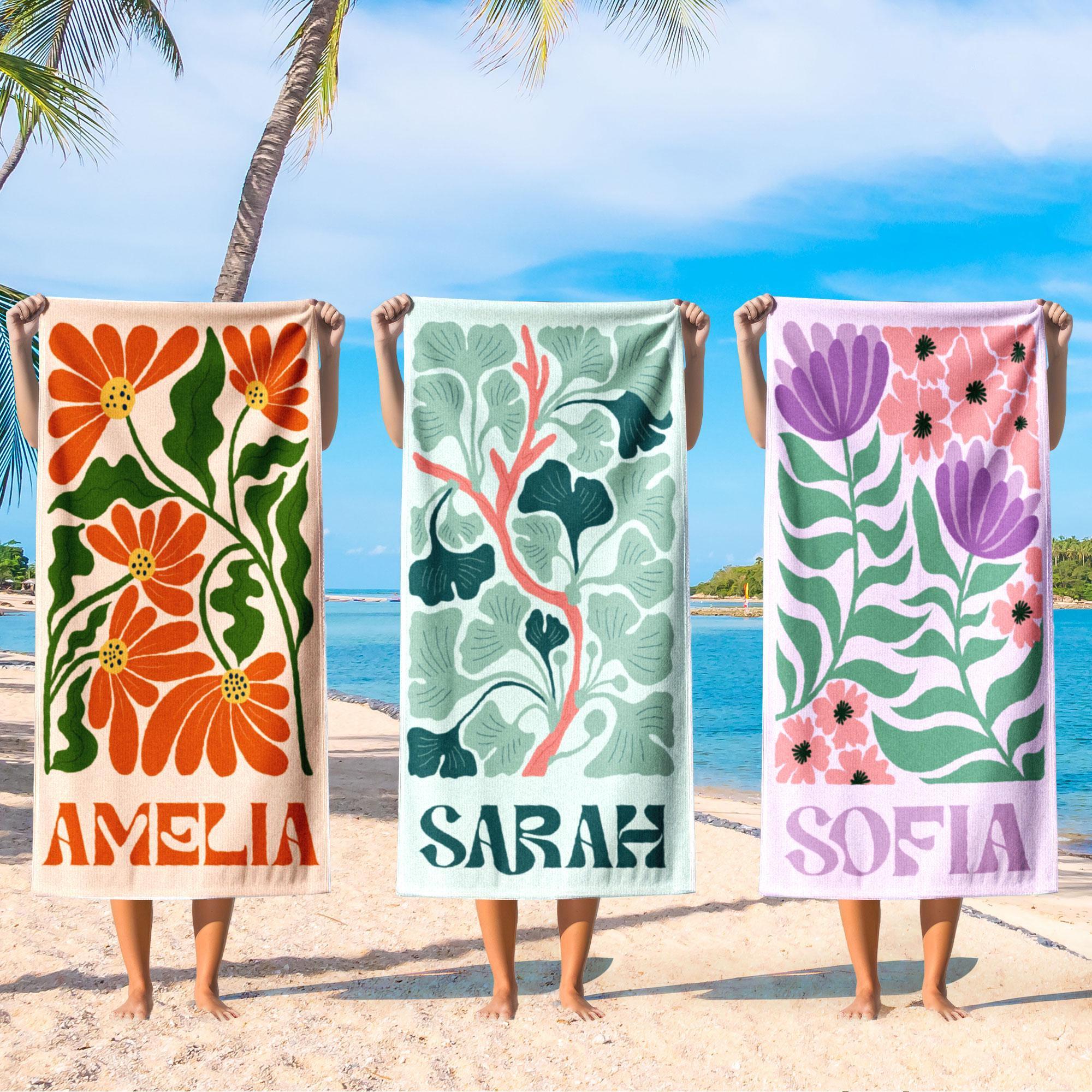 Personalized Retro Fruit Pattern Custom Name Matching Beach Towel for Women Men Groovy Vibes Y2K Funky Aesthetic Summervibes Vibrant Colorful Quick Dry Microfiber Pool Towel Bachelorette Party Vacation Summer Trip Gift Large Sand Free 2