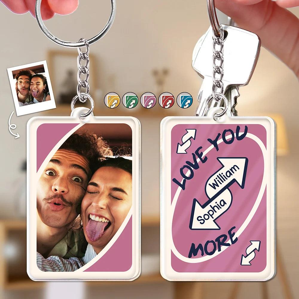 Personalized Acrylic Couple Photo & Name Game Card Keychain - Custom Love You More Reverse Keyring, Romantic Anniversary Keepsake for Boyfriend/Girlfriend, Fashion Accessory 2