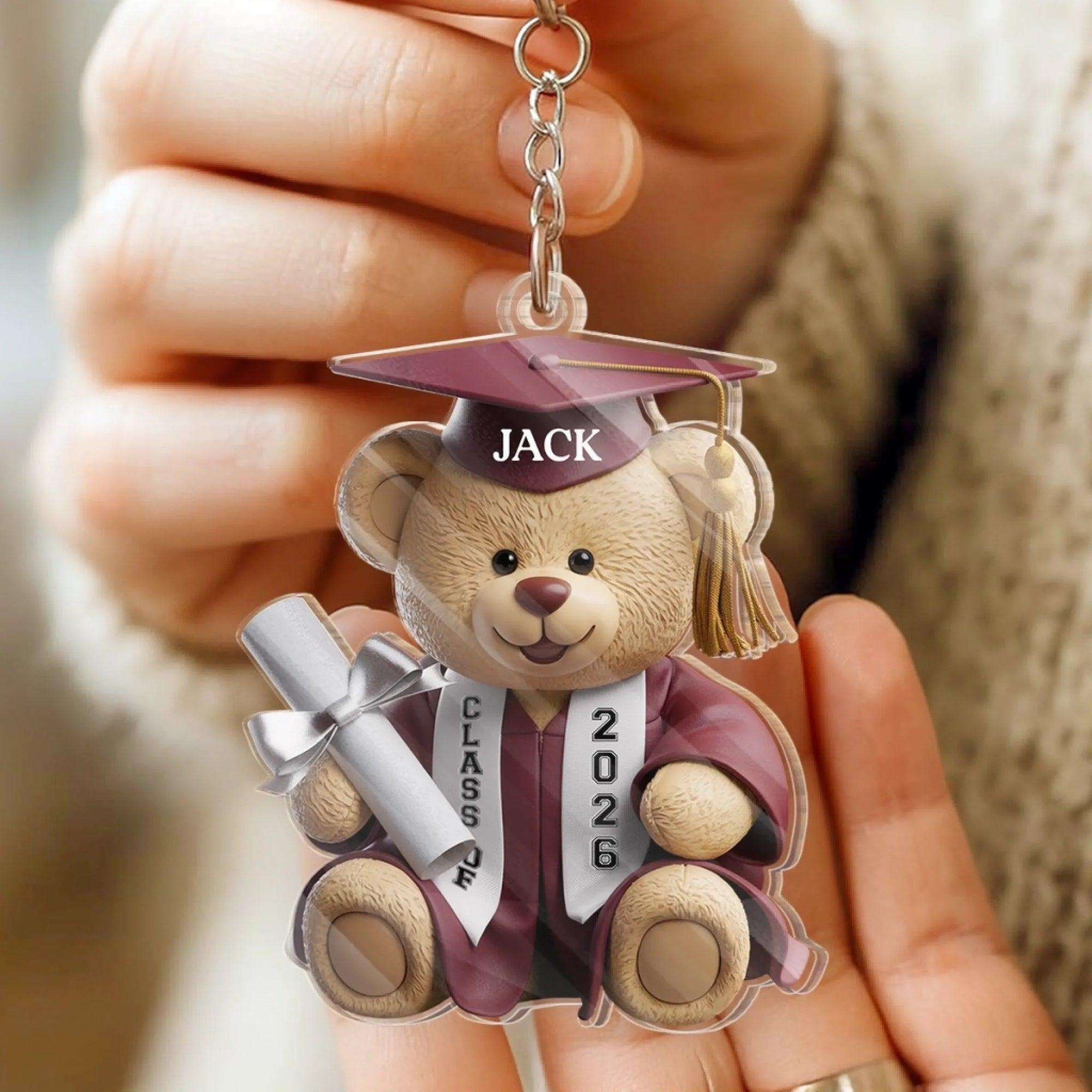 Personalized Graduation Teddy Bear Custom Name Acrylic Keychain For Students Graduates Cute Preppy Keepsake Aesthetic Maroon Clear Acrylic Bag Charm Senior Class Of 2026 Diploma Bear Commemorative Gift Custom School Tag