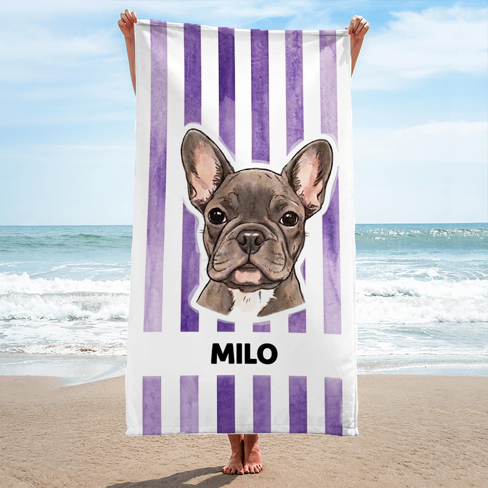 Custom Personalized Pet Portrait Name Beach Towel for Dog Mom Cat Lovers Preppy Summer Cabana Stripe Aesthetic Colorful Microfiber Pool Swim Towel Matching Outfit Pet Stripe Towel Unique Gift Vacation Essentials 2026 4
